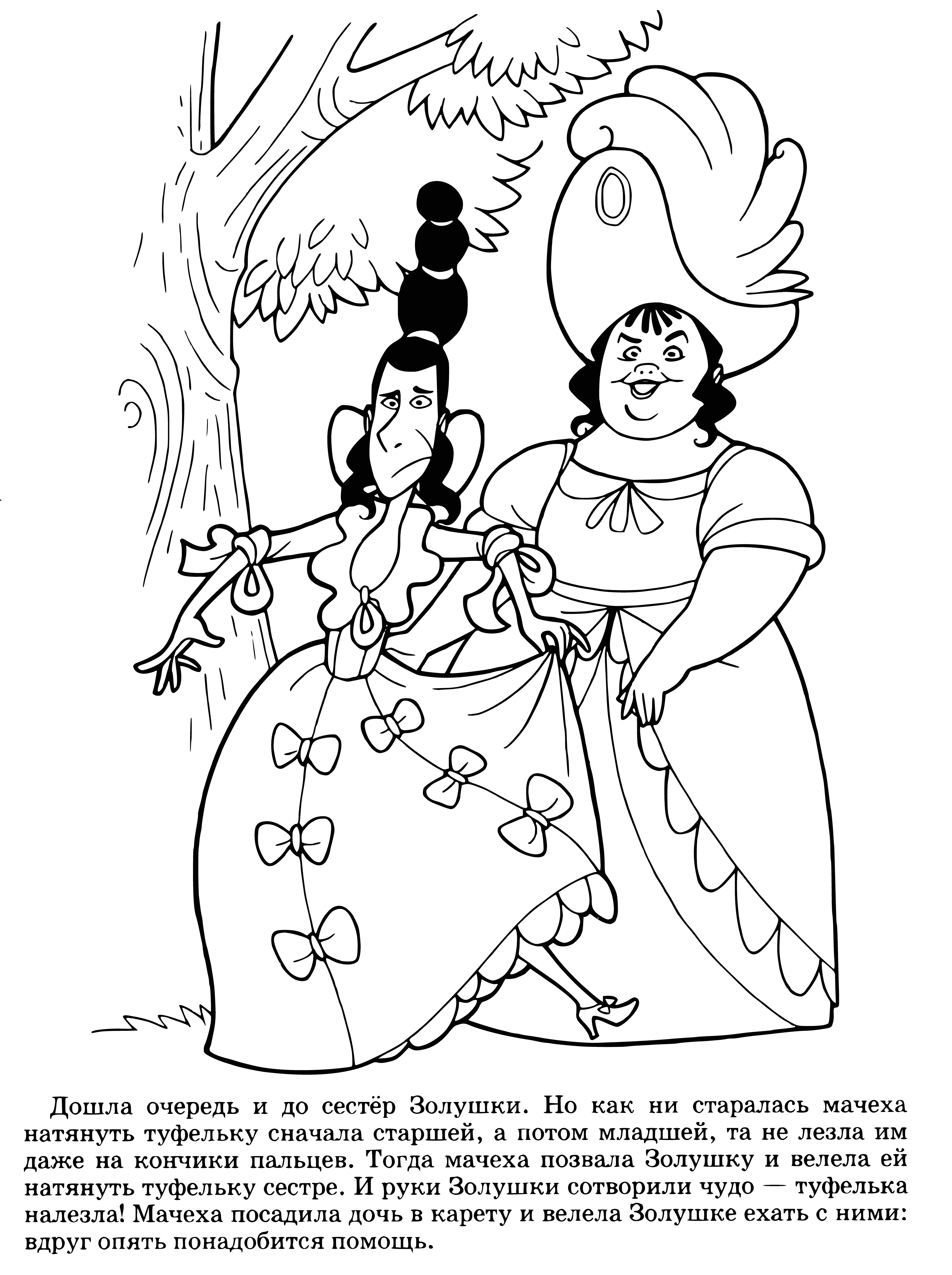 coloring page: Two sad sisters gaze at a castle: one stands, the other sits on ground, beside a pumpkin. (78 characters)