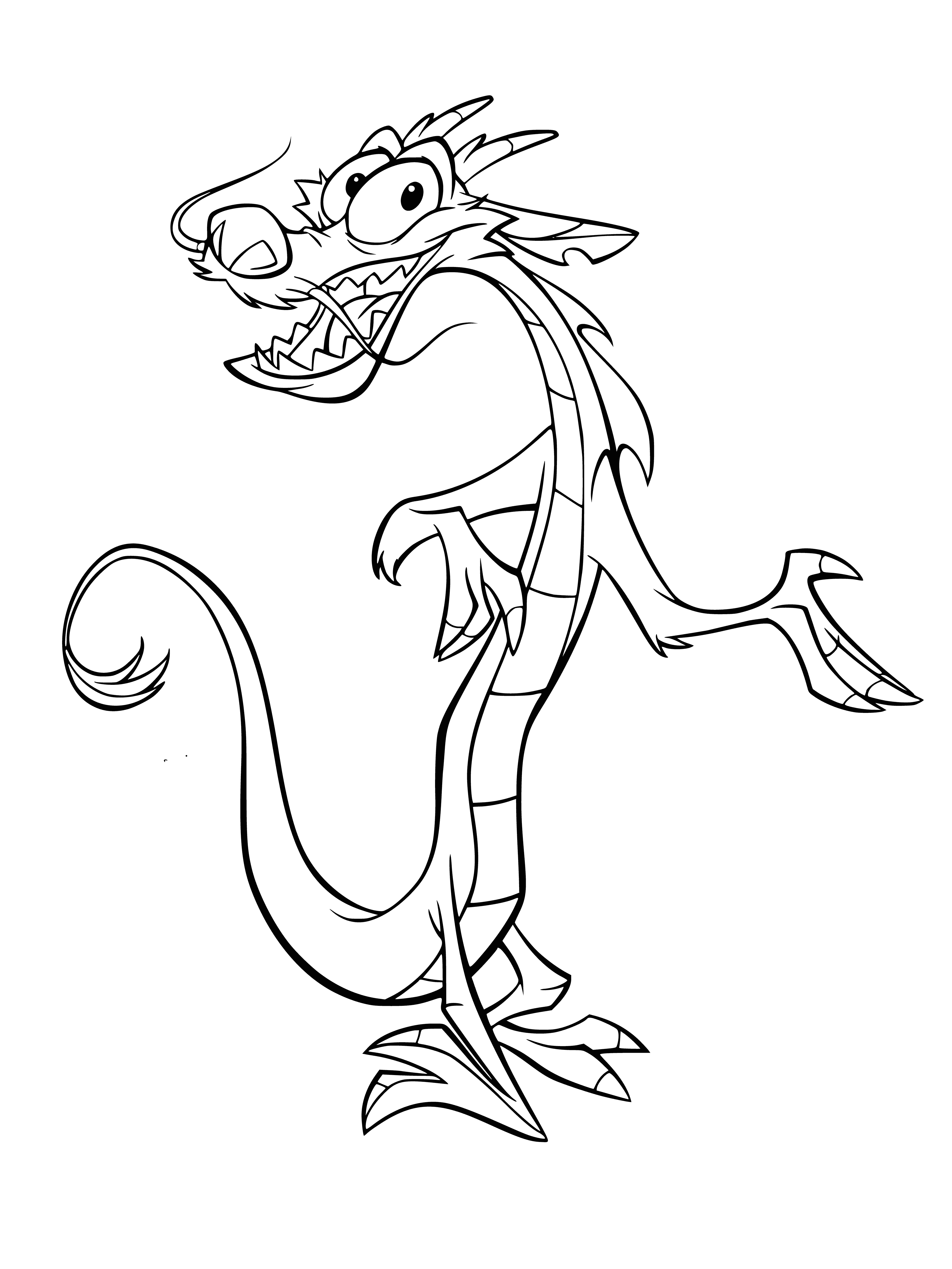 coloring page: Mushu is a small dragon-like creature with scaly skin, two wings, two horns, a long tongue, and sharp teeth.