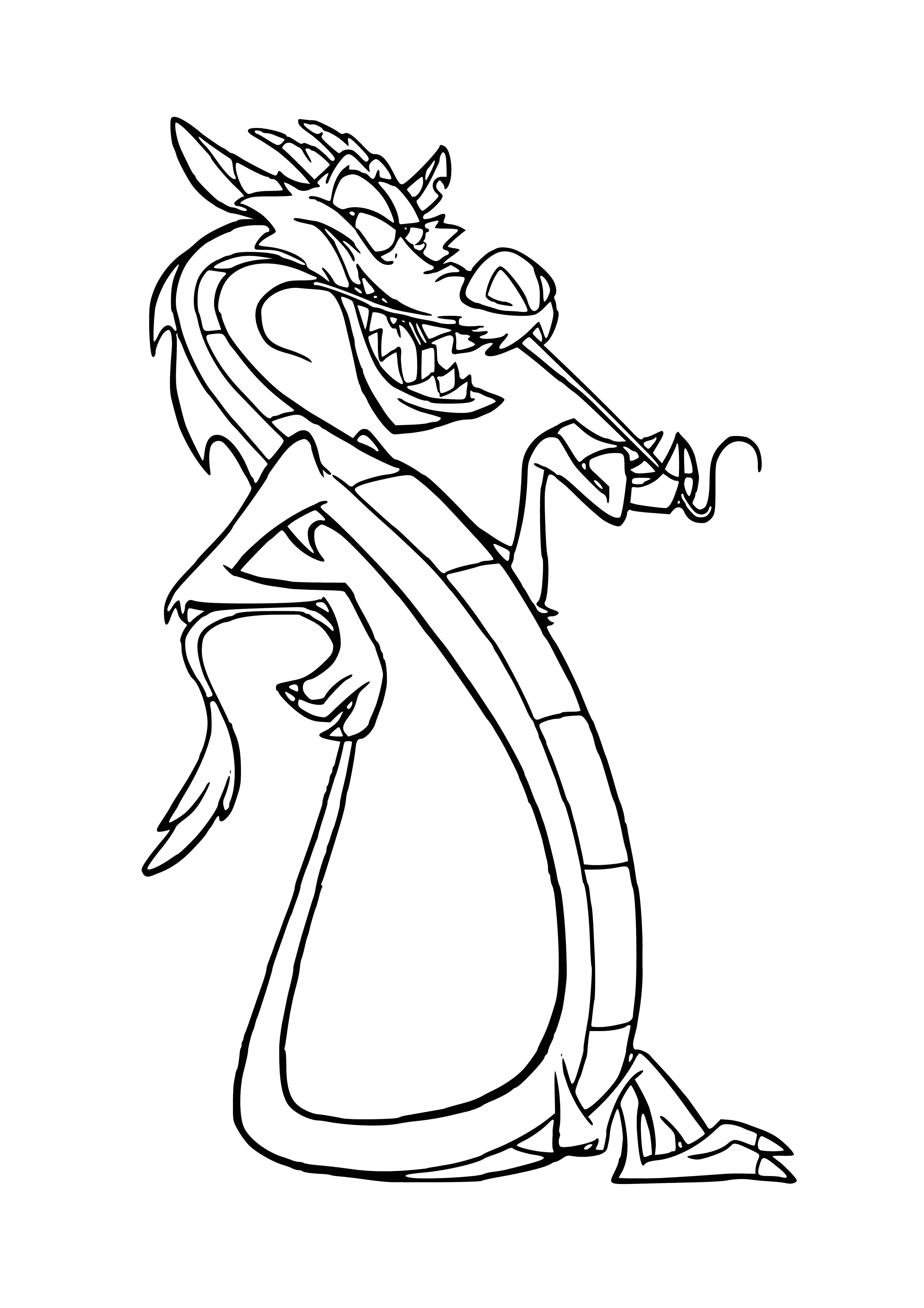 coloring page: Mulan and her dragon friend Mushu are having fun together; he's a red-scaled mischief-maker with a halo of fire!