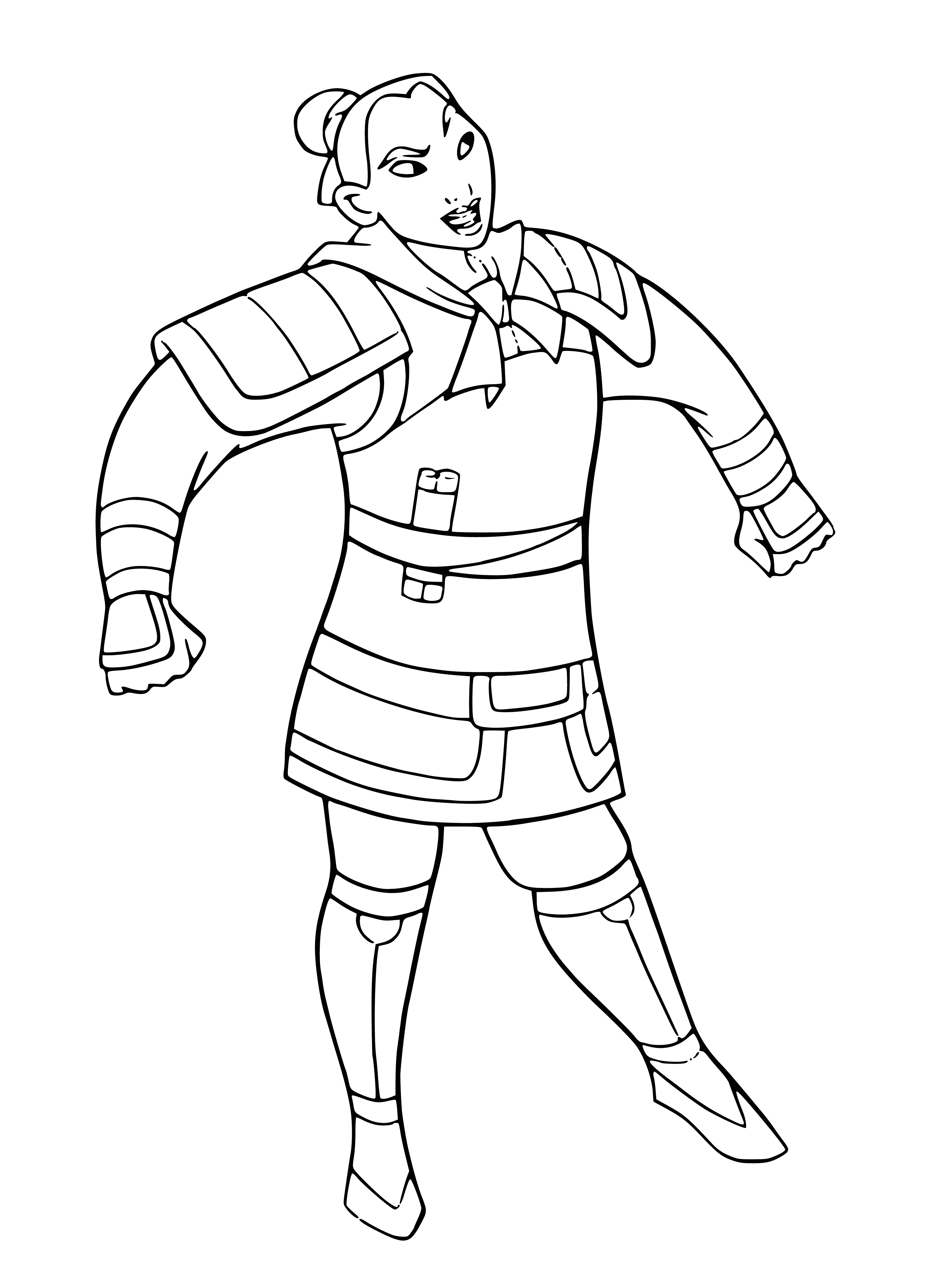 coloring page: Soldier walking through field in green uniform, carrying sword, backpack and canteen.