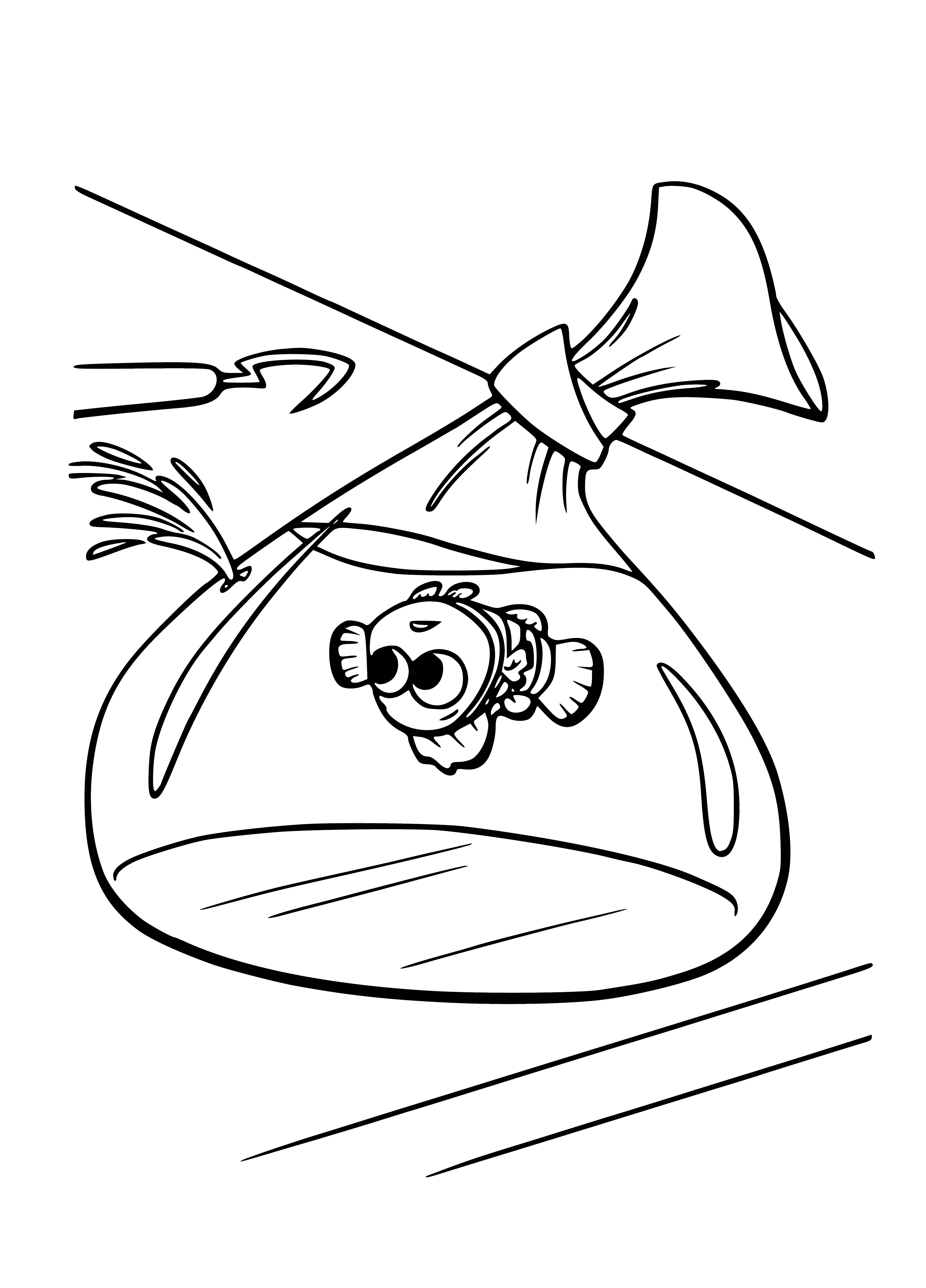 coloring page: Nemo is happily swimming with his orange and white fins and tail, smiling broadly.