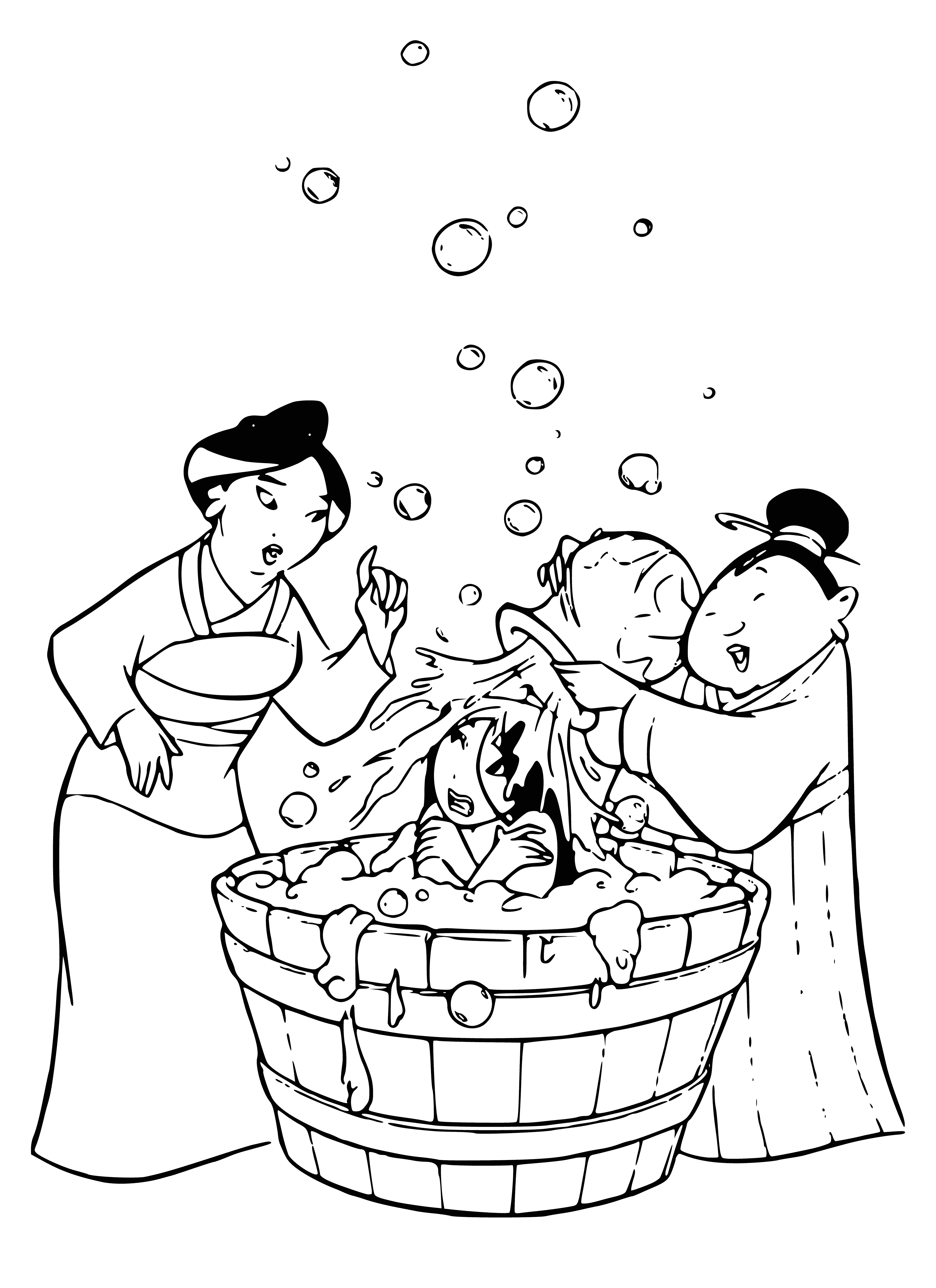 coloring page: Mulan stands in traditional dress, hair pulled back in a bun, before a majestic mountain range.