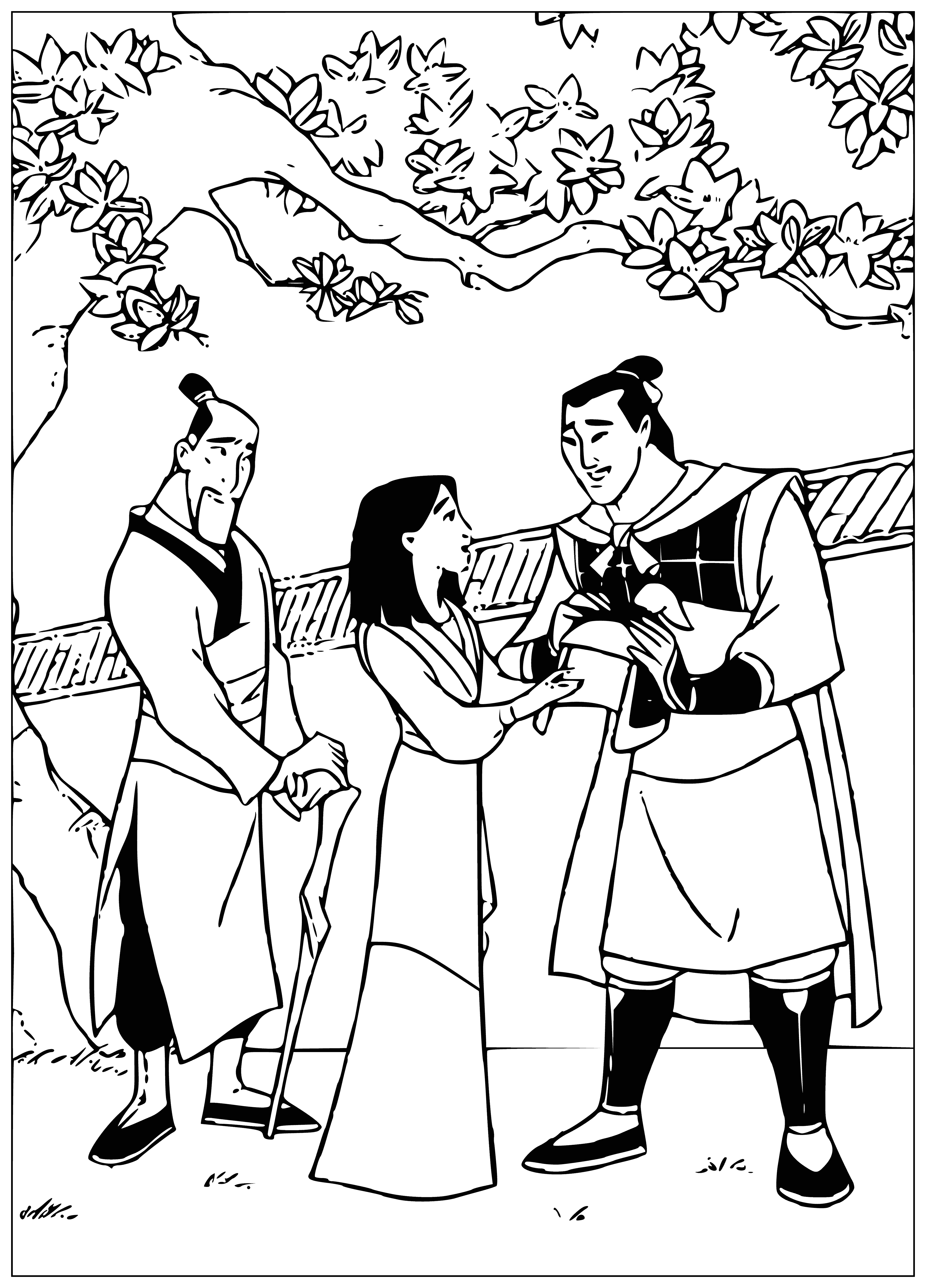 coloring page: Woman in brown dress stands before man, who has arms crossed.