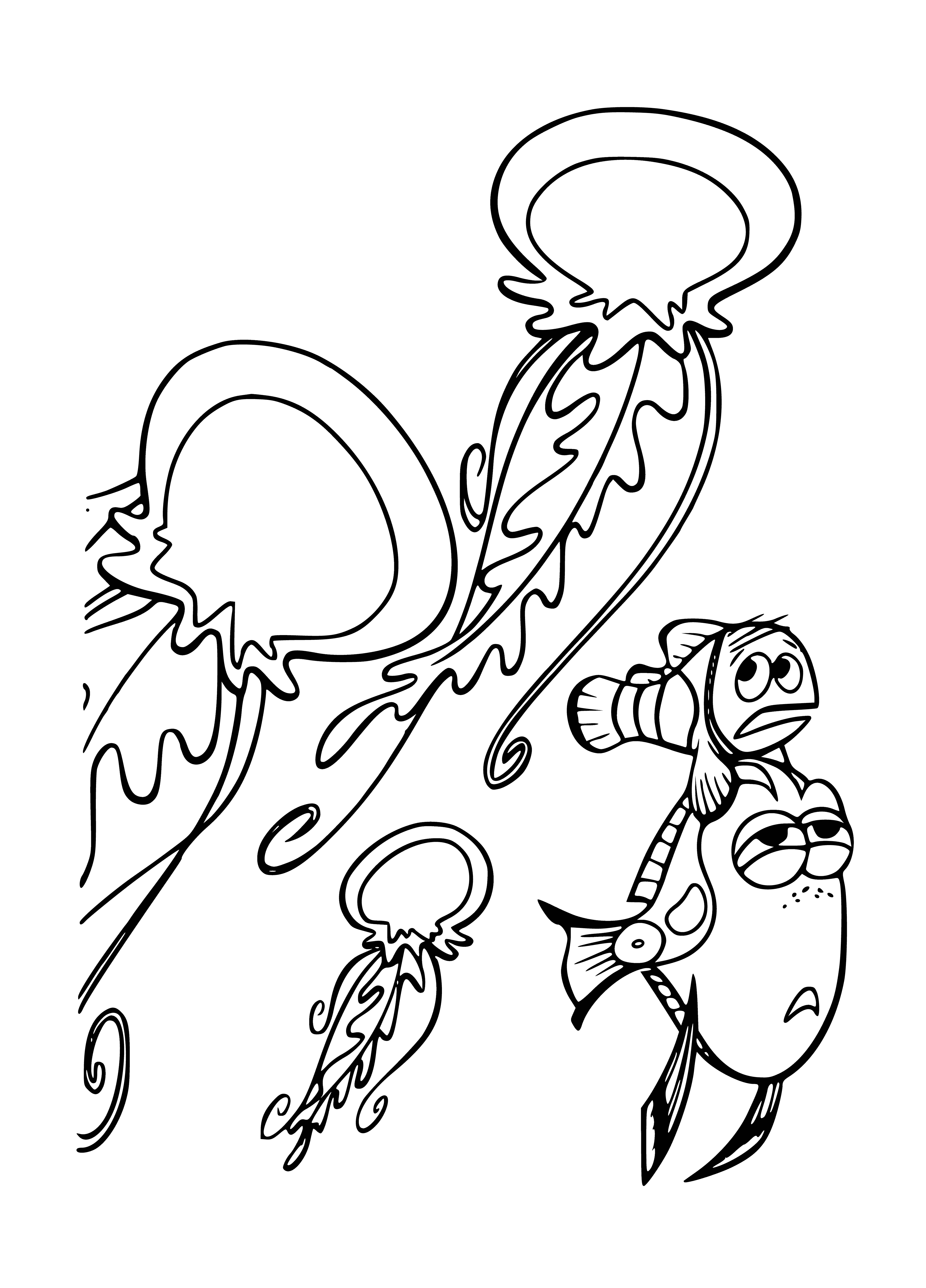 coloring page: Clear jellyfish w/long tentacles, white underside & dark top. Covered in white dots, floating in water - the Finding Nemo - Insidious Jellyfish!