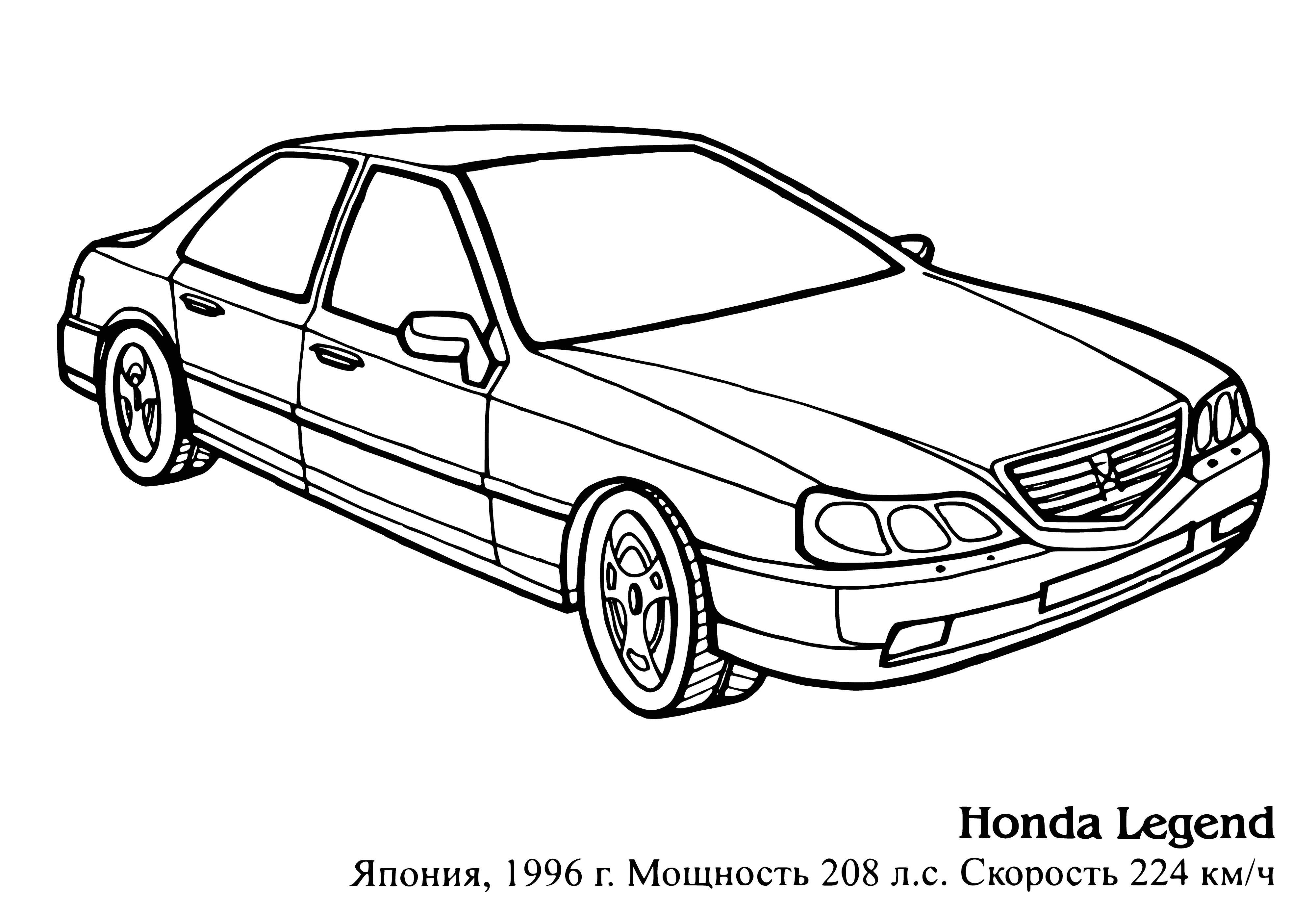 coloring page: Coloring page of a black HondaLegend parked on a road near calm water and a boat. Four doors and tinted windows.