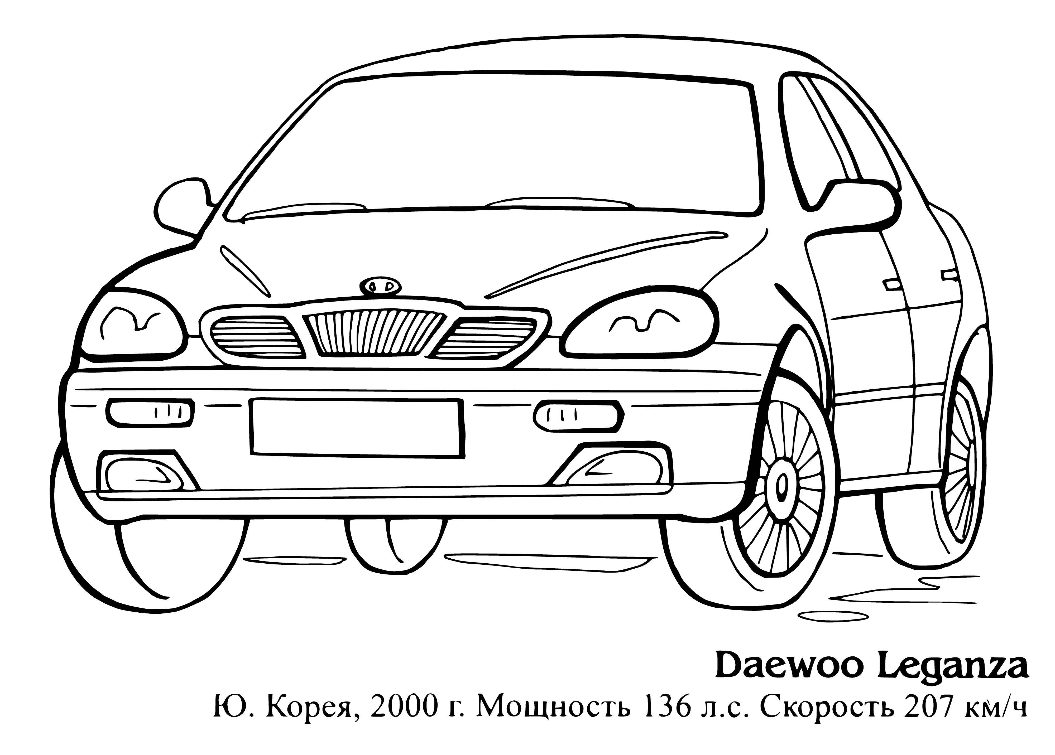 coloring page: Dark car w/ chrome accents, sleek lines, four doors, large wheels, spoiler.