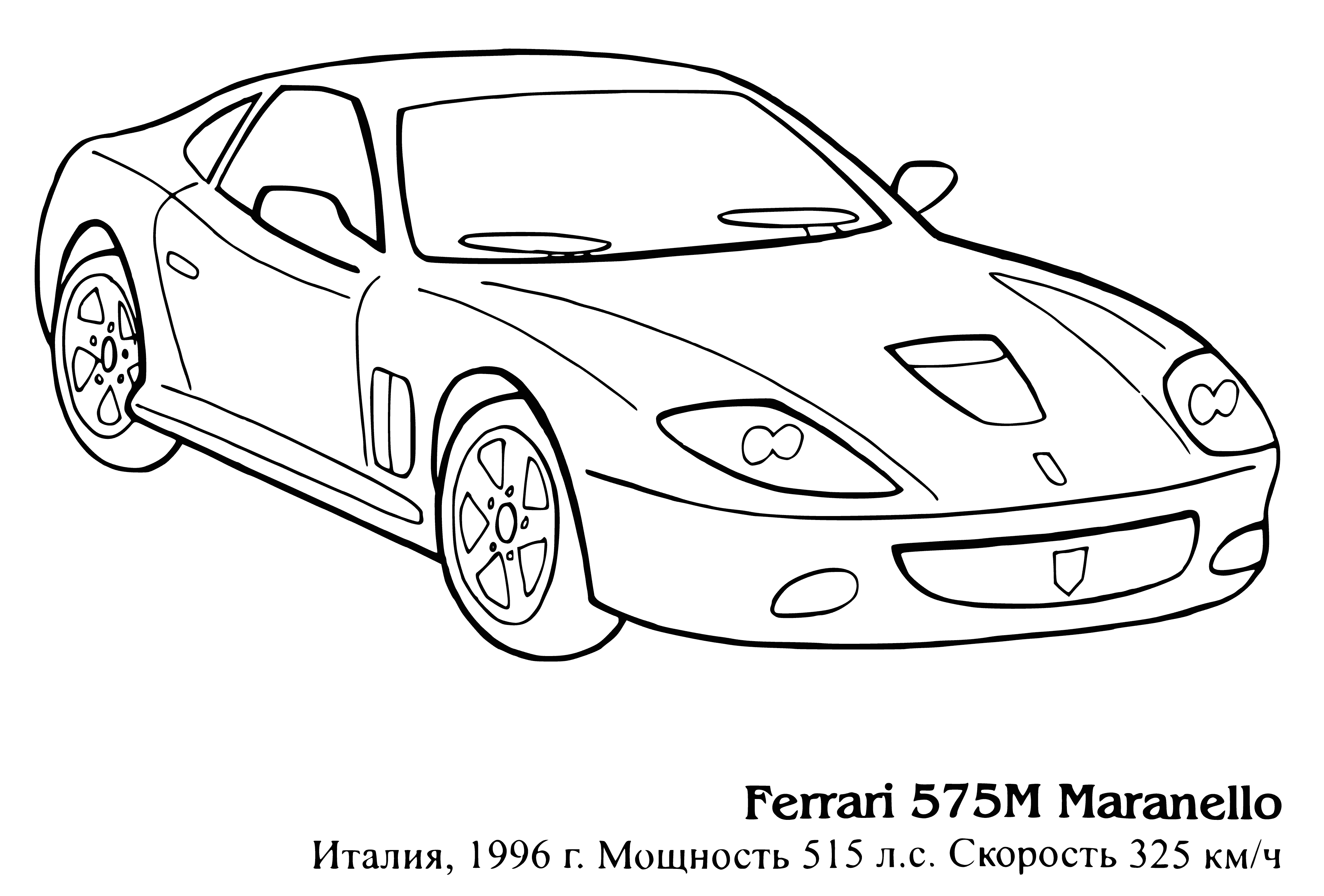 coloring page: A red, two-door car with a large front end, small back end, pointed top, and four round, black headlights, with a black and yellow Ferrari logo parked near a mountain.