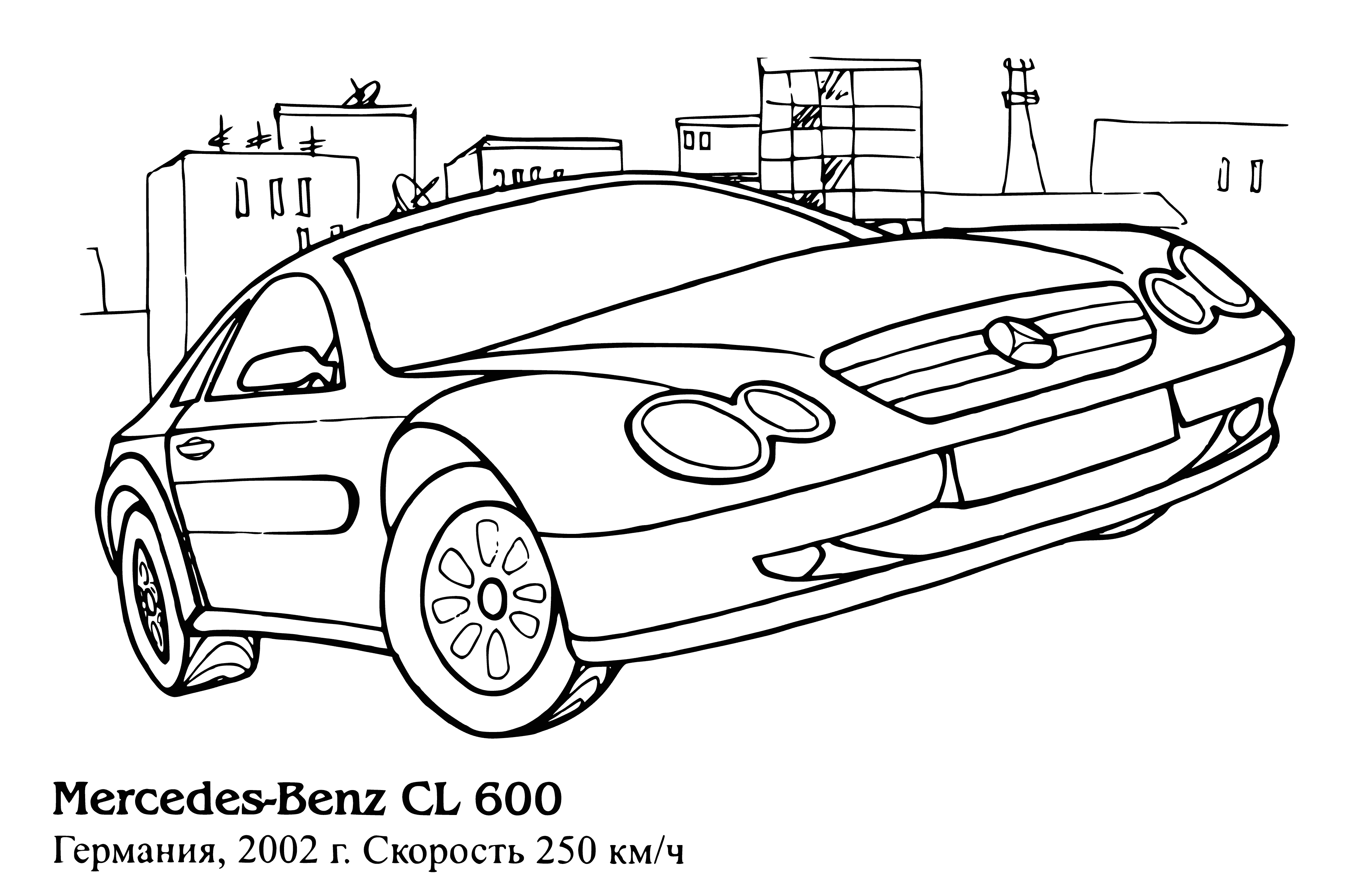 coloring page: Luxurious Mercedes-Benz CL 600 with black exterior, chrome accents, sunroof, spoiler & Mercedes-Benz logo on front.