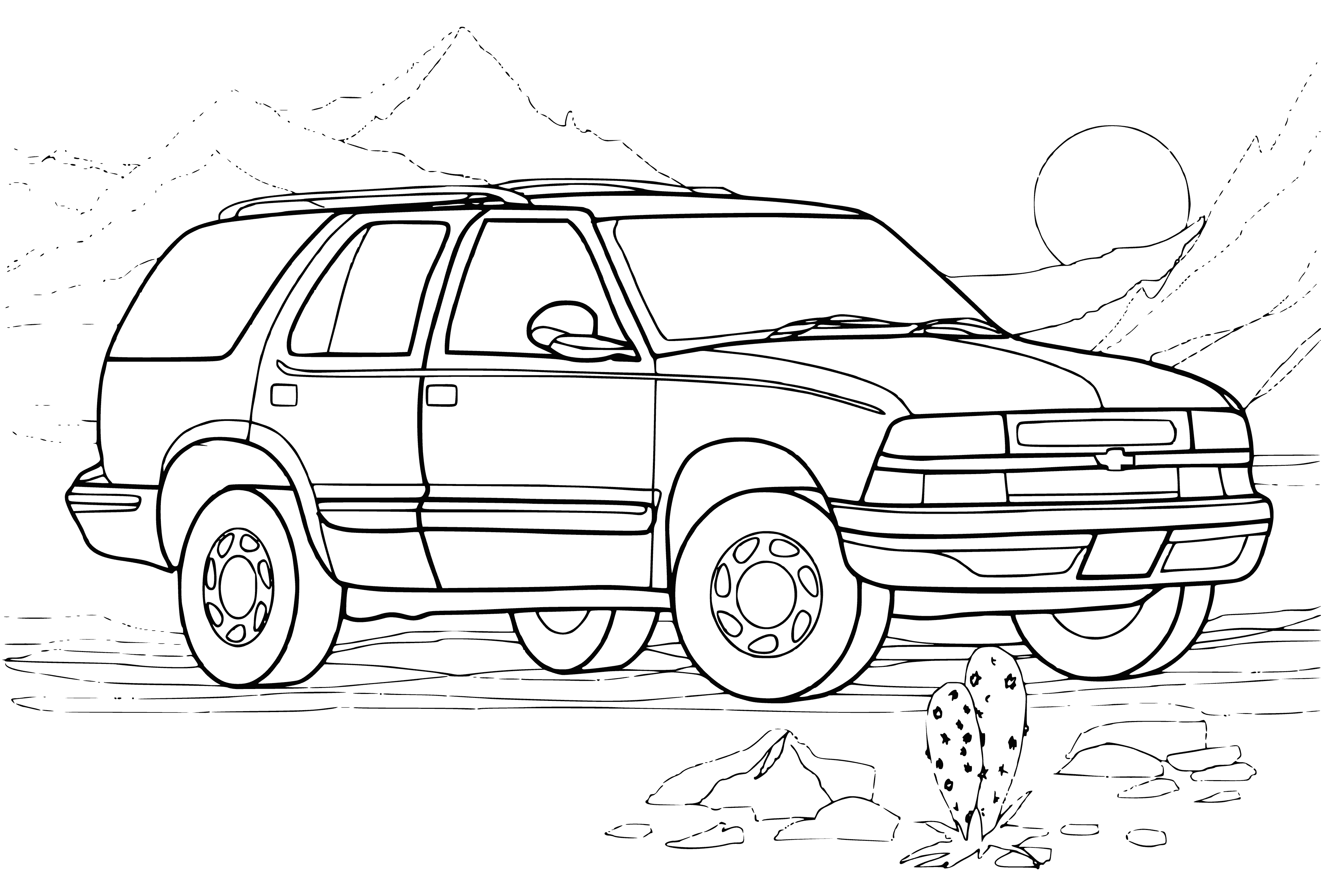 coloring page: Chevy Blazer: 4-door, sunroof, silver/black trim, tinted windows, black tires with chrome rims.