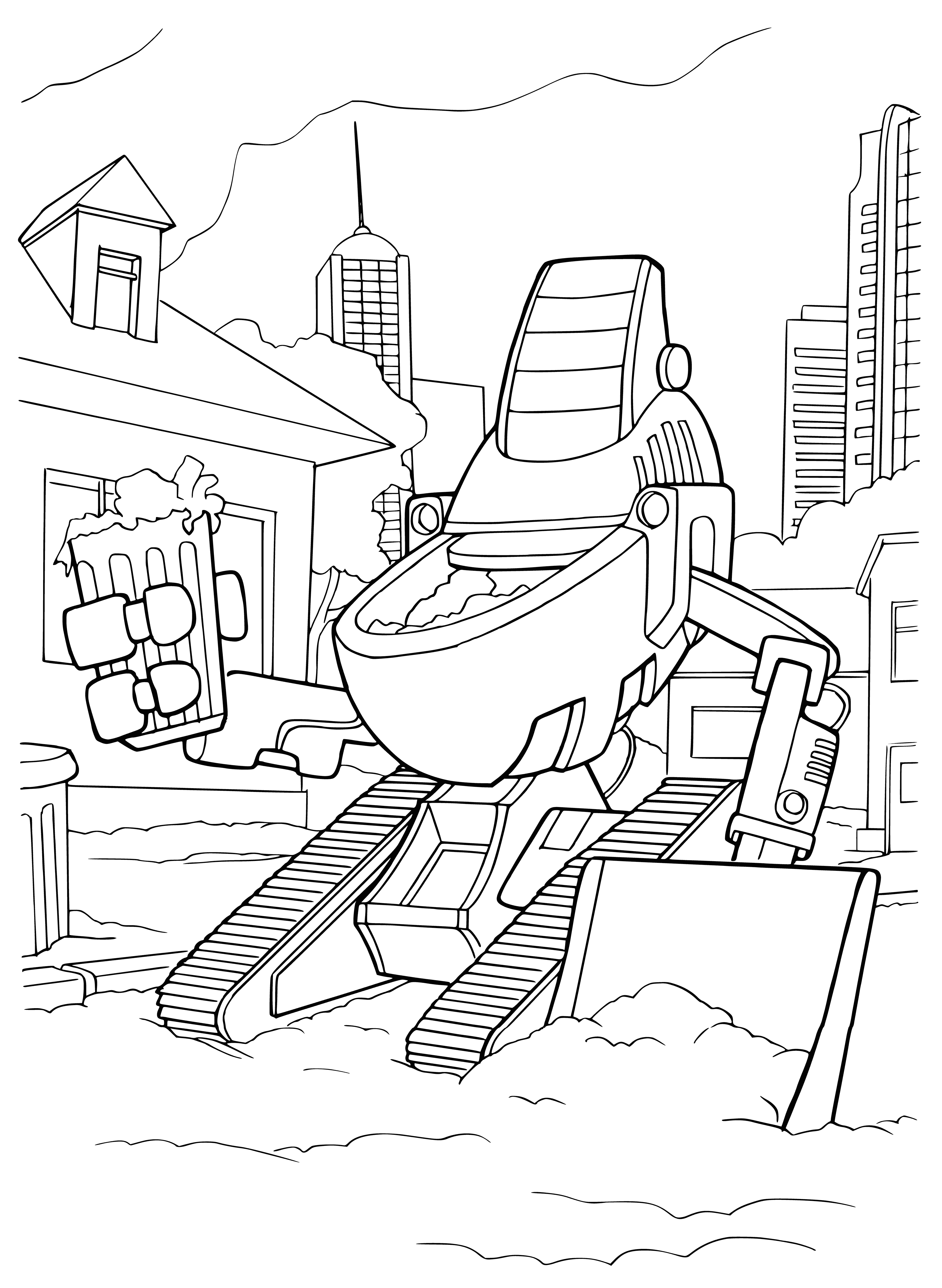 coloring page: Robots of the future can help with housework- garbage duty model has large mouth, compactor, treads and slim build for easy maneuvering.