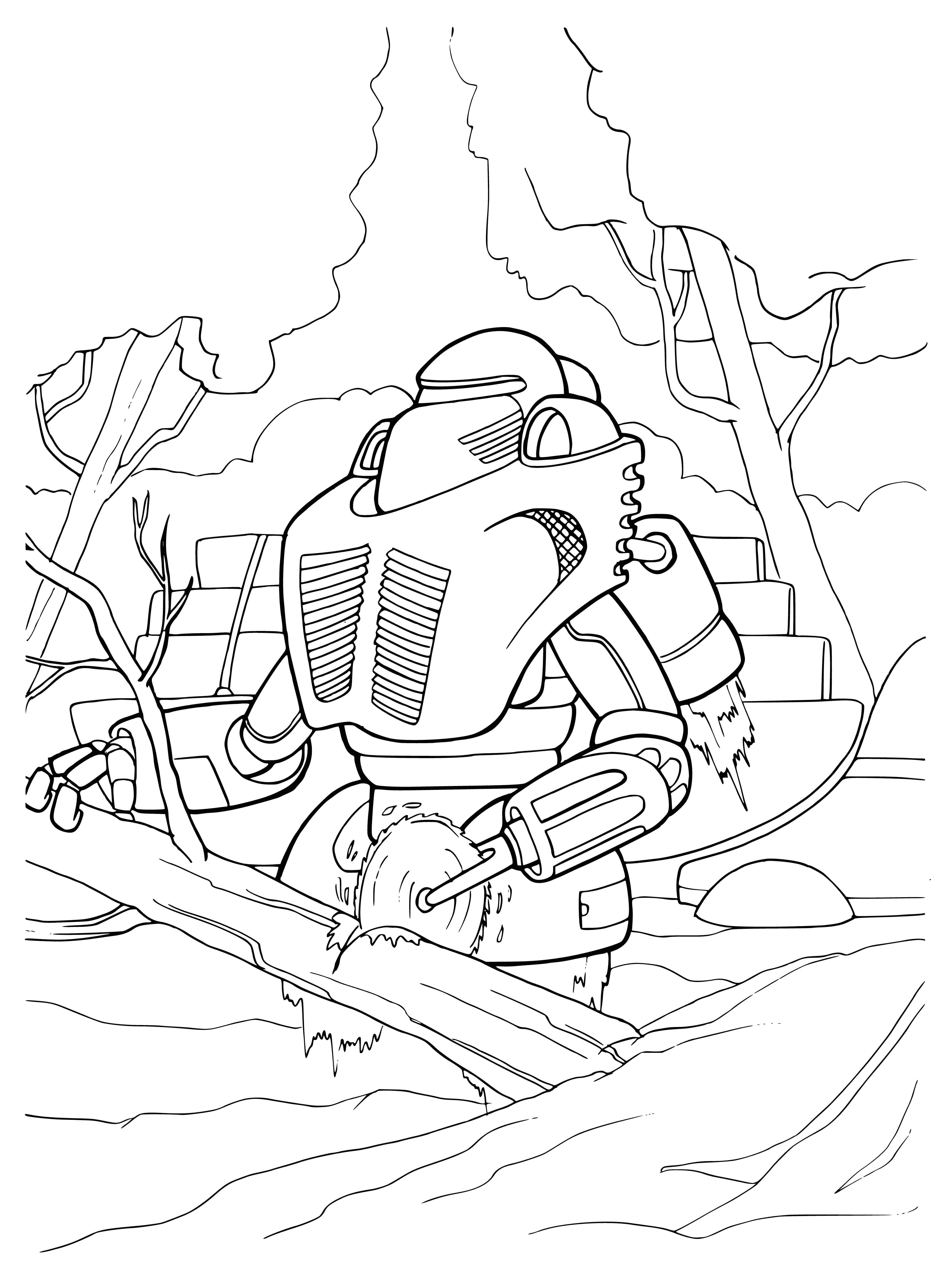 coloring page: Robotic tree feller with circular cutting blades, metal plating, powerful tracks, and sensors/cameras on its head. Green control panel on its chest.