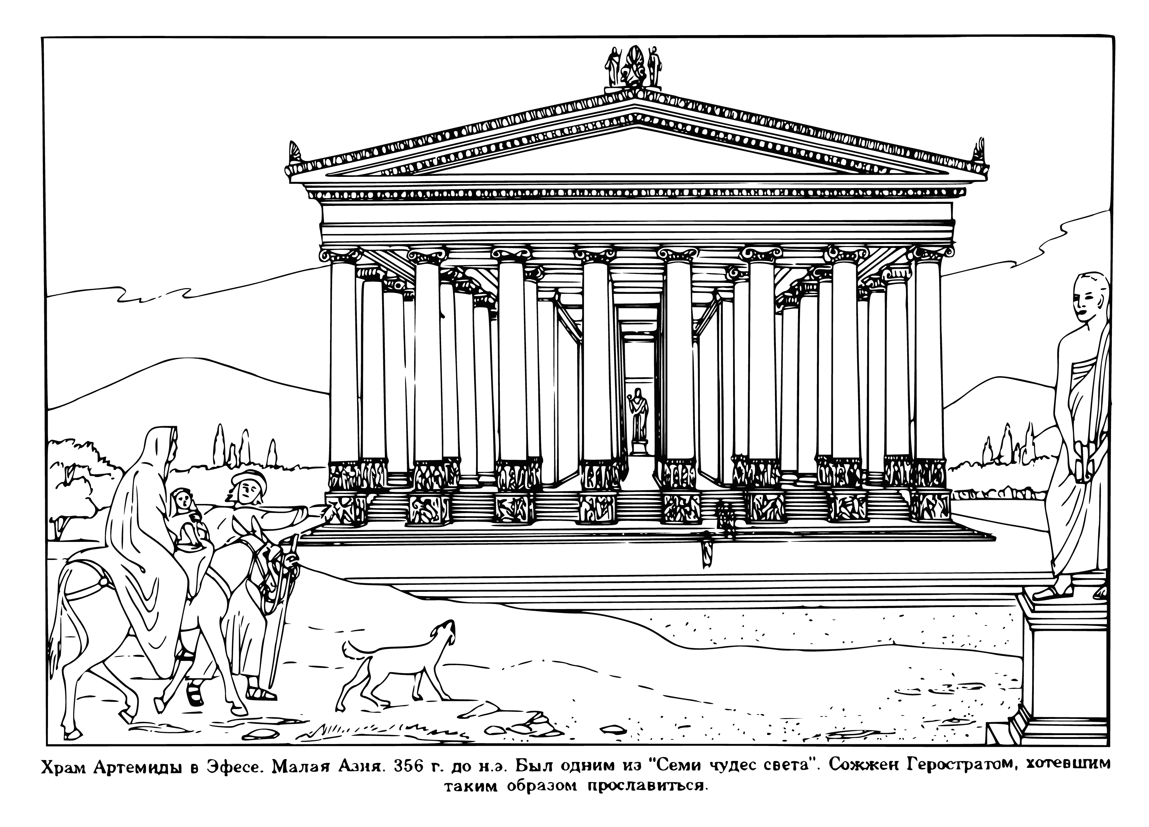 coloring page: Goddess of Ephesus, a marble woman w/lion head, was worshipped in famous temple-complex of ancient world, wearing a jewel-encrusted crown and wooden scepter.