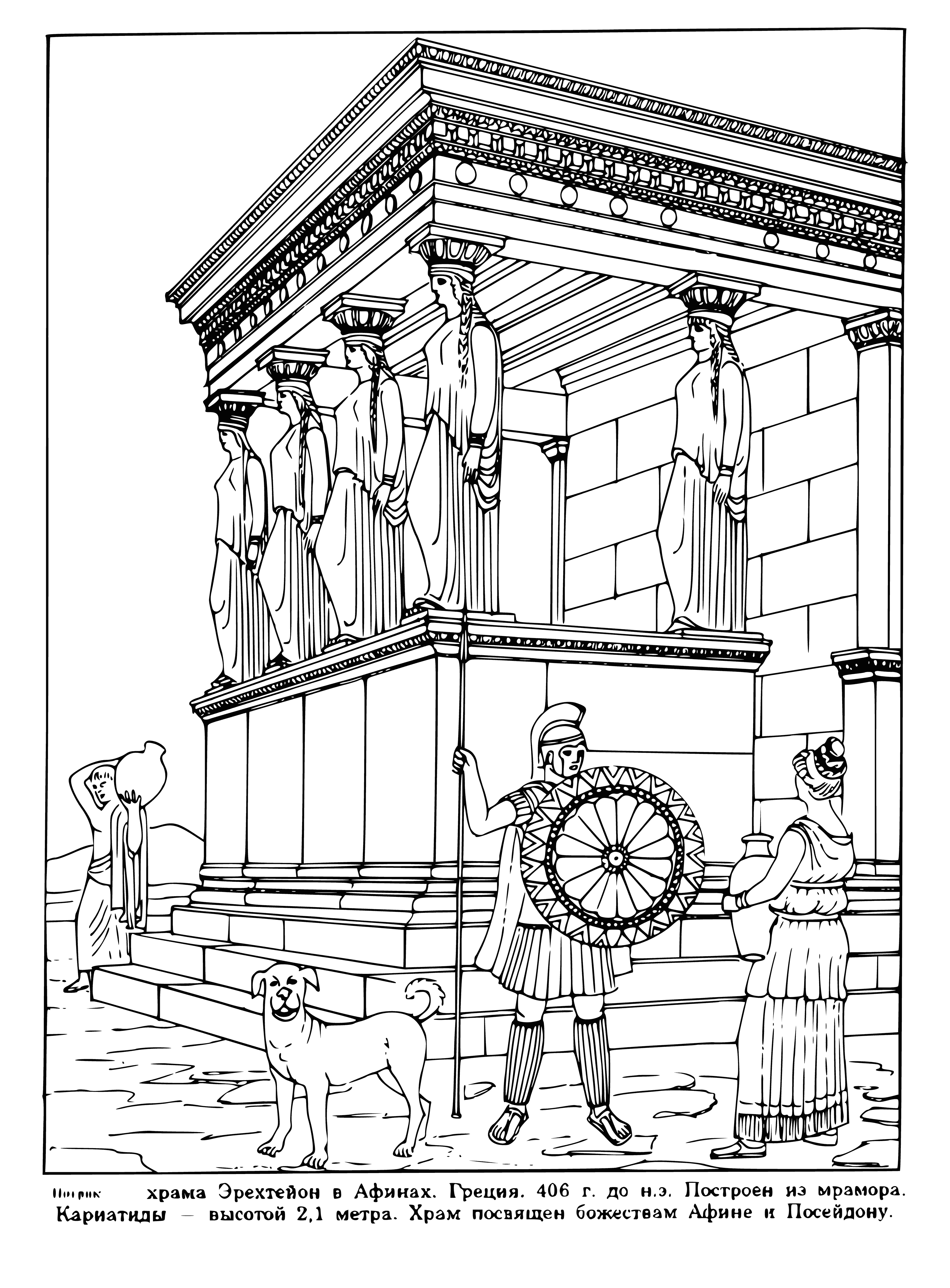 coloring page: Elegant Temple in center of page surrounded by green trees/bushes; majestic columns with steps leading up to it; people milling around grounds. #temple