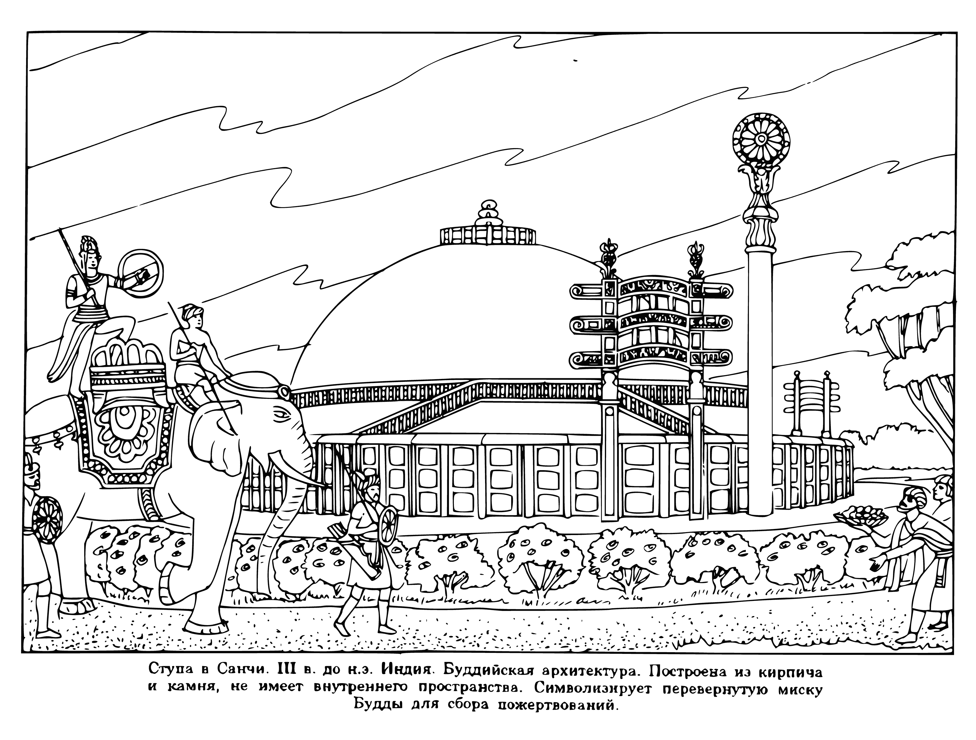 coloring page: Ancient Buddhist temple: stone structure, tall pointed roof, ornate carvings, courtyard w/ fountain in center.