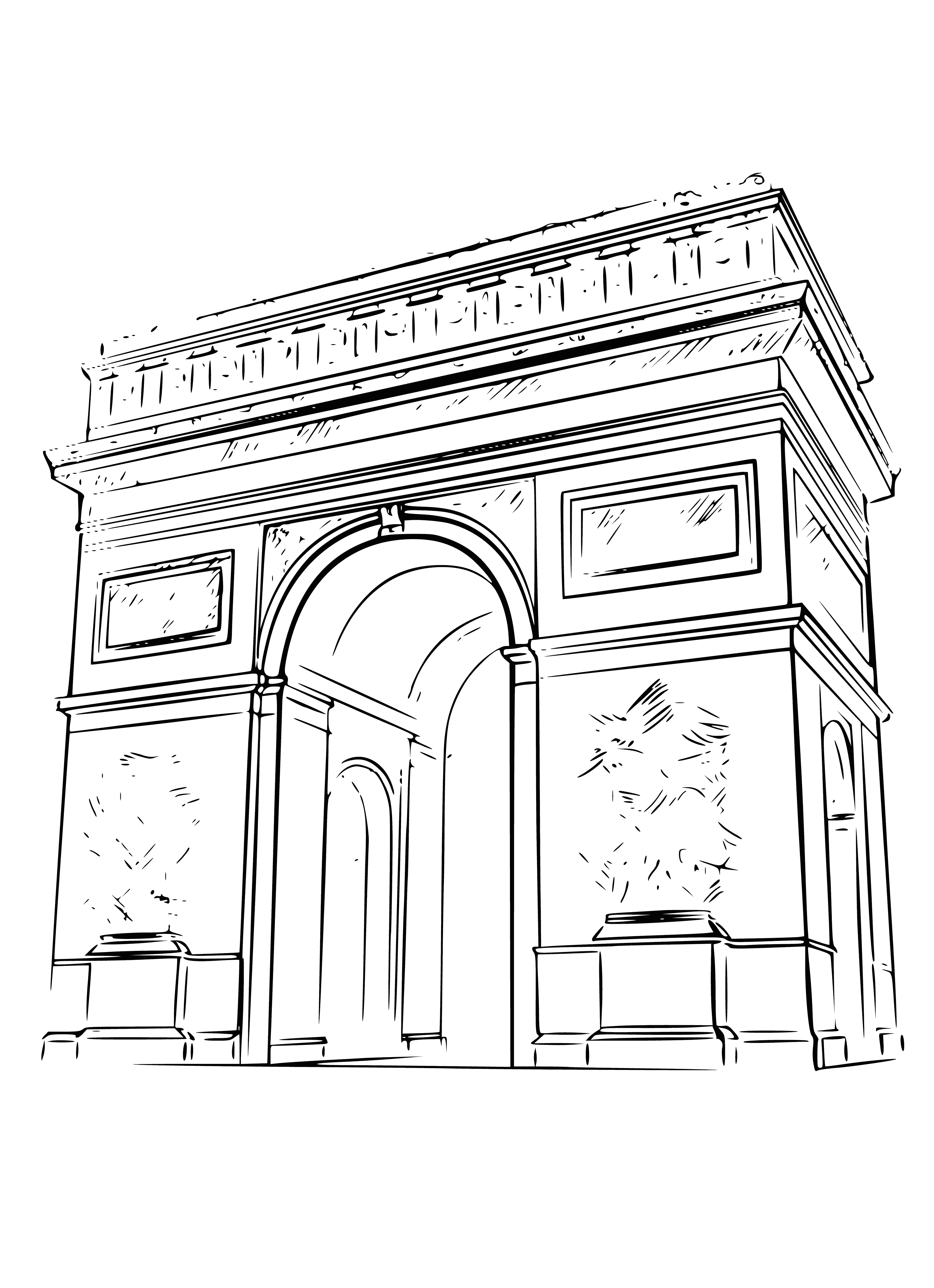 coloring page: The Arc de Triomphe in Paris, France is a 50m tall symbol of French history & culture, located in a busy traffic circle adornedwith intricate carvings & sculptures. It is a popular tourist destination & often coloring pagegraphed.