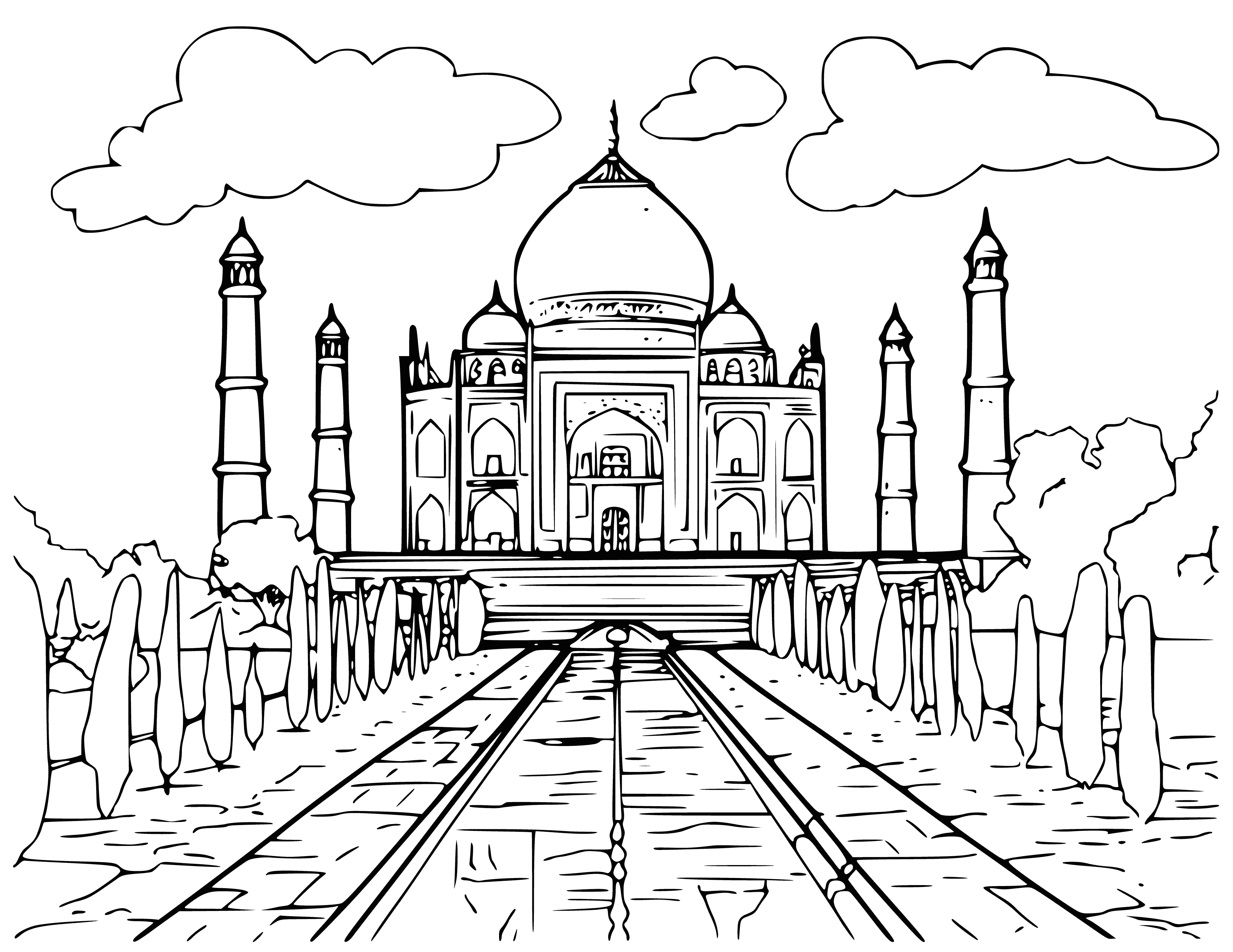 coloring page: The Taj Mahal, a white mausoleum-mosque in Agra, India, is world renowned for its beauty and was built in memory of Emperor Shah Jahan's late wife.