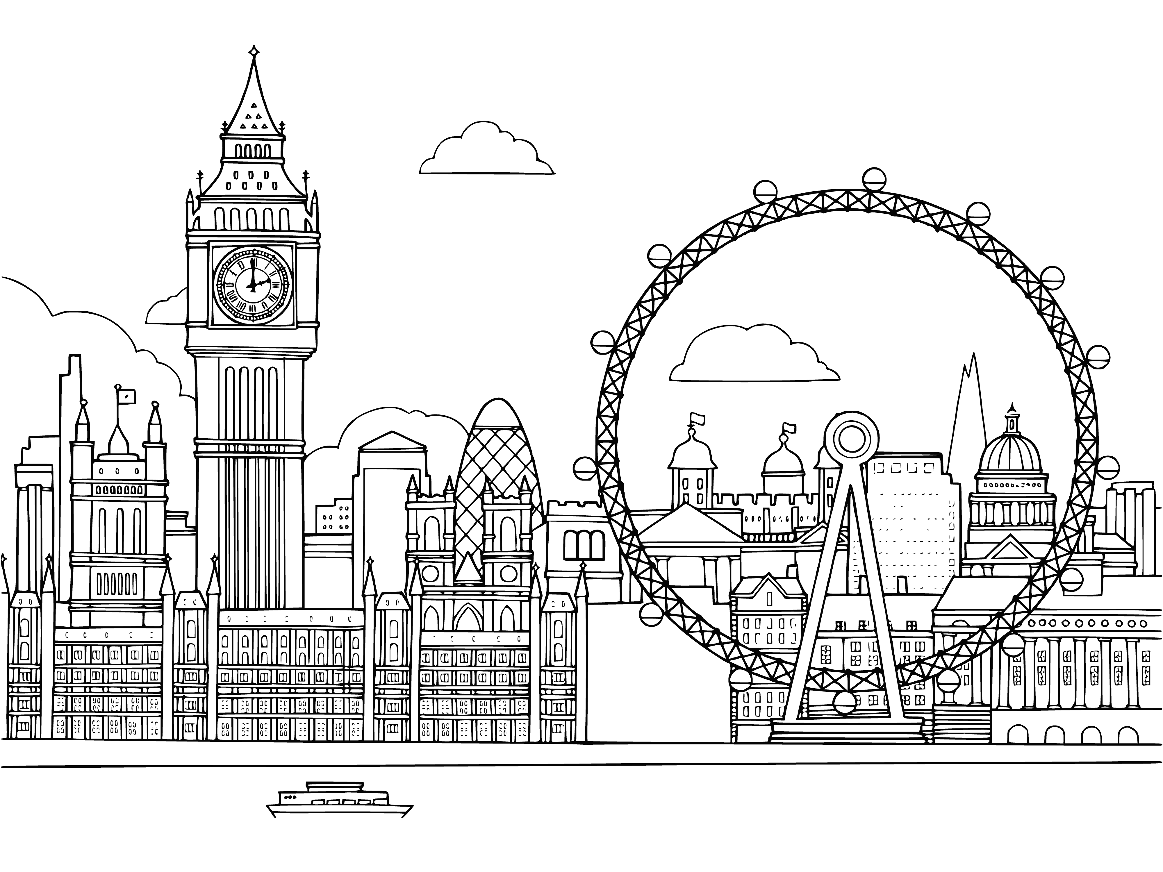 coloring page: A busy London street by the water with cars, buses, people, trees, flowers, and buildings.