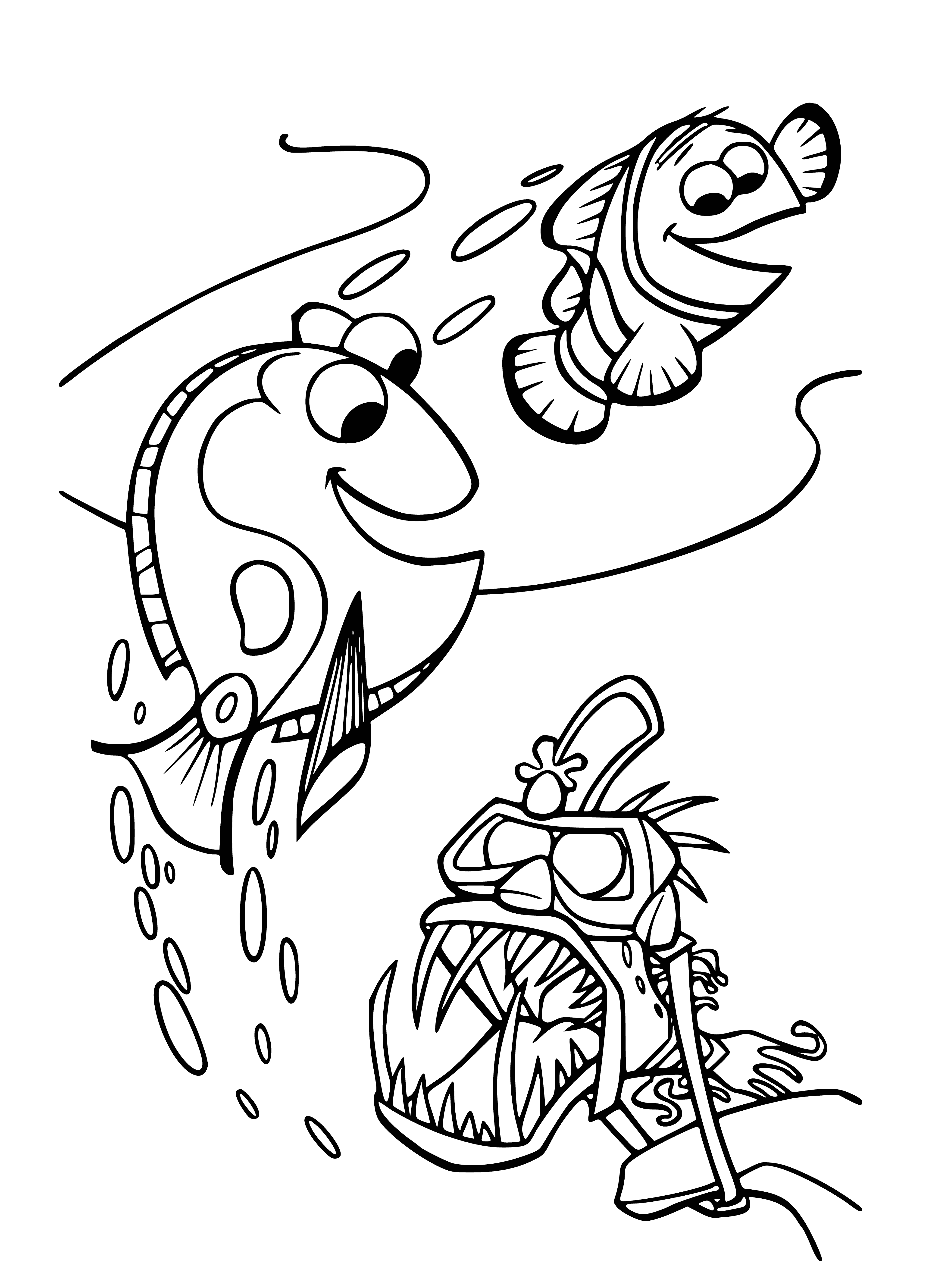 coloring page: Marlin embarks on a treacherous quest to find Nemo, who's been snatched by a diver and stuck in a tank. After much danger, father and son reunite and Nemo is free.