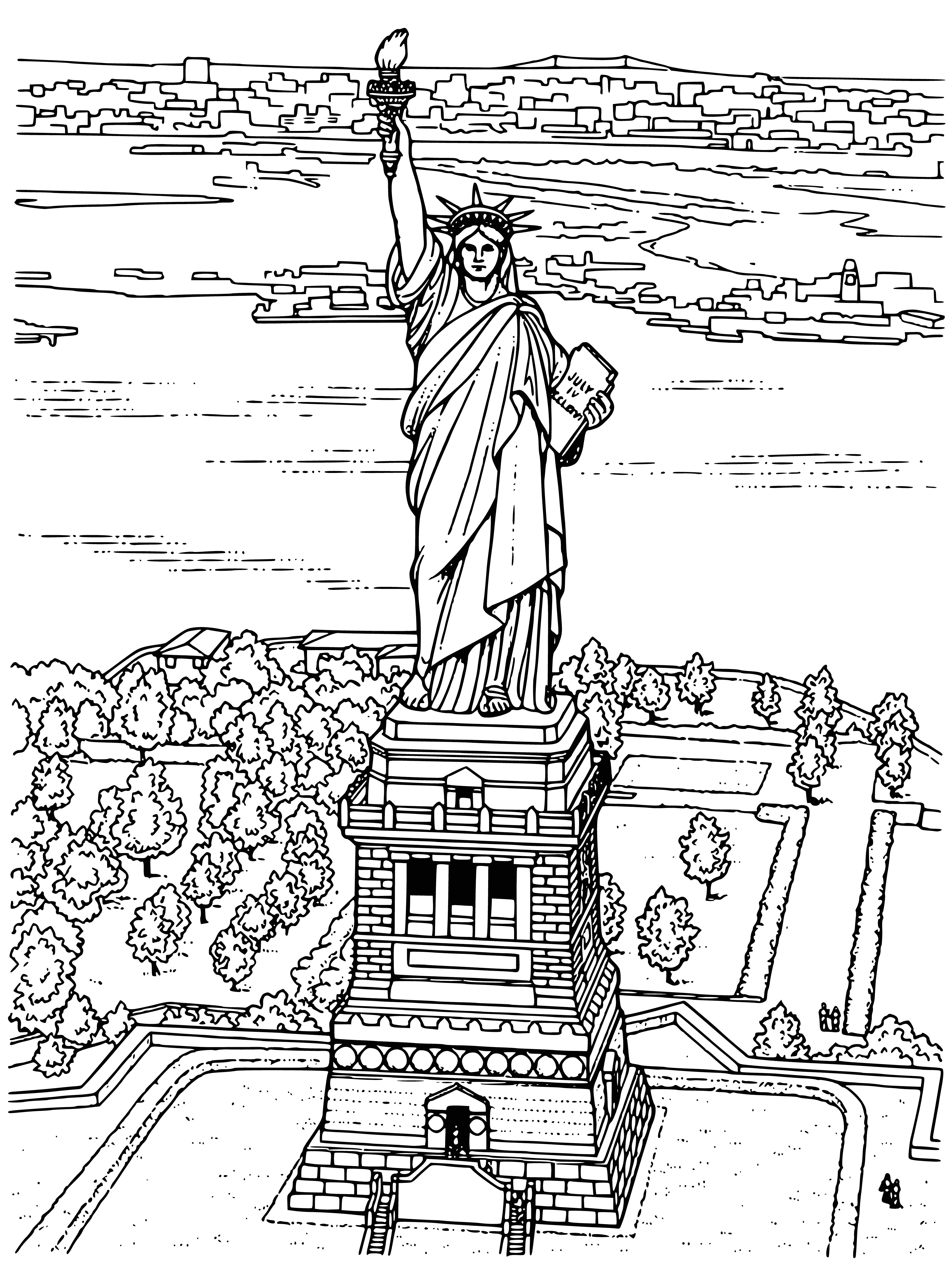 coloring page: Statue of Liberty stands in New York Harbor w/ boats, looking at the NYC skyline of tall buildings against a blue sky.