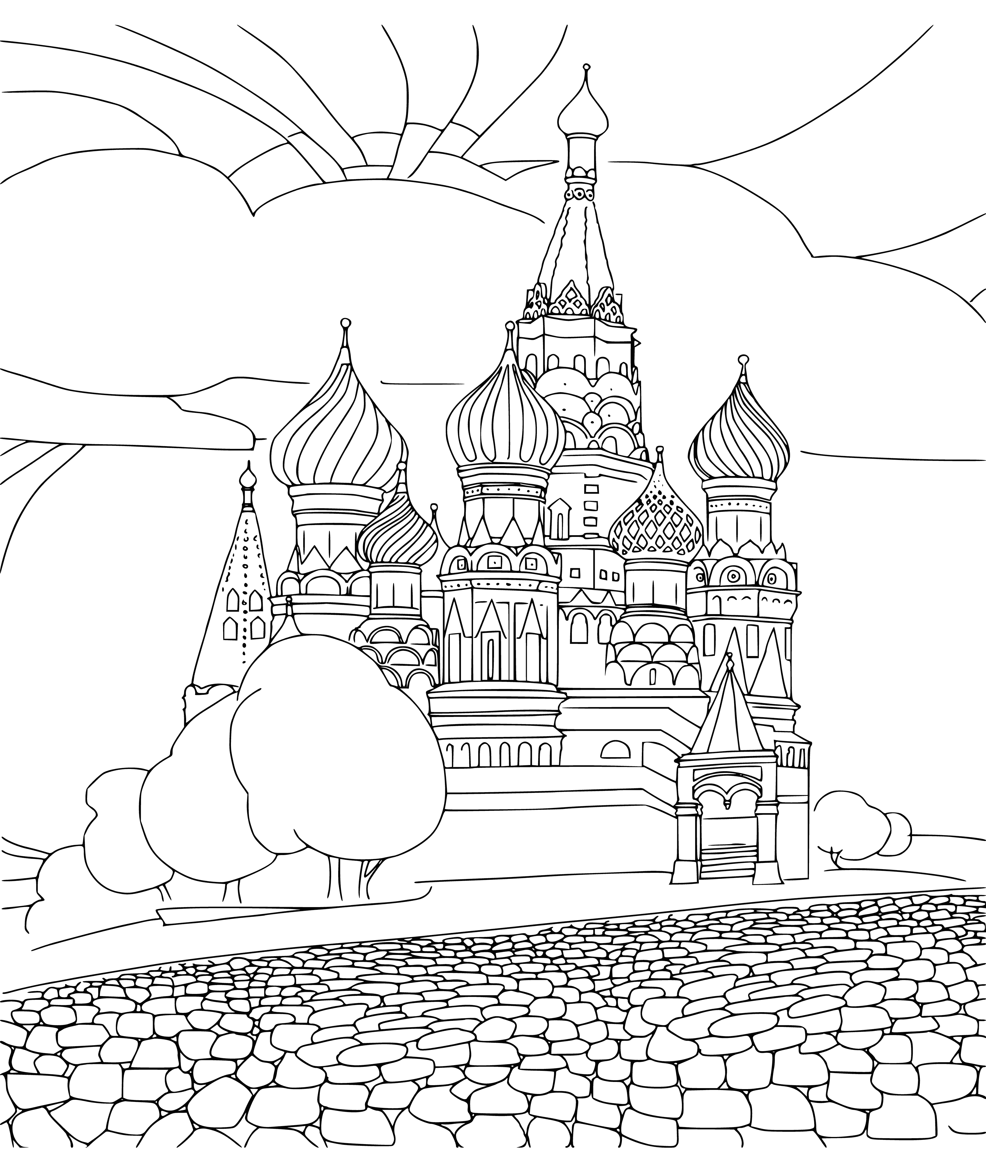 coloring page: St. Basil's Cathedral in Moscow, Russia is a beautiful, ornate building known for it's brightly colored patterns & multiple domes. People often mill around the fountain in the square that surrounds it.