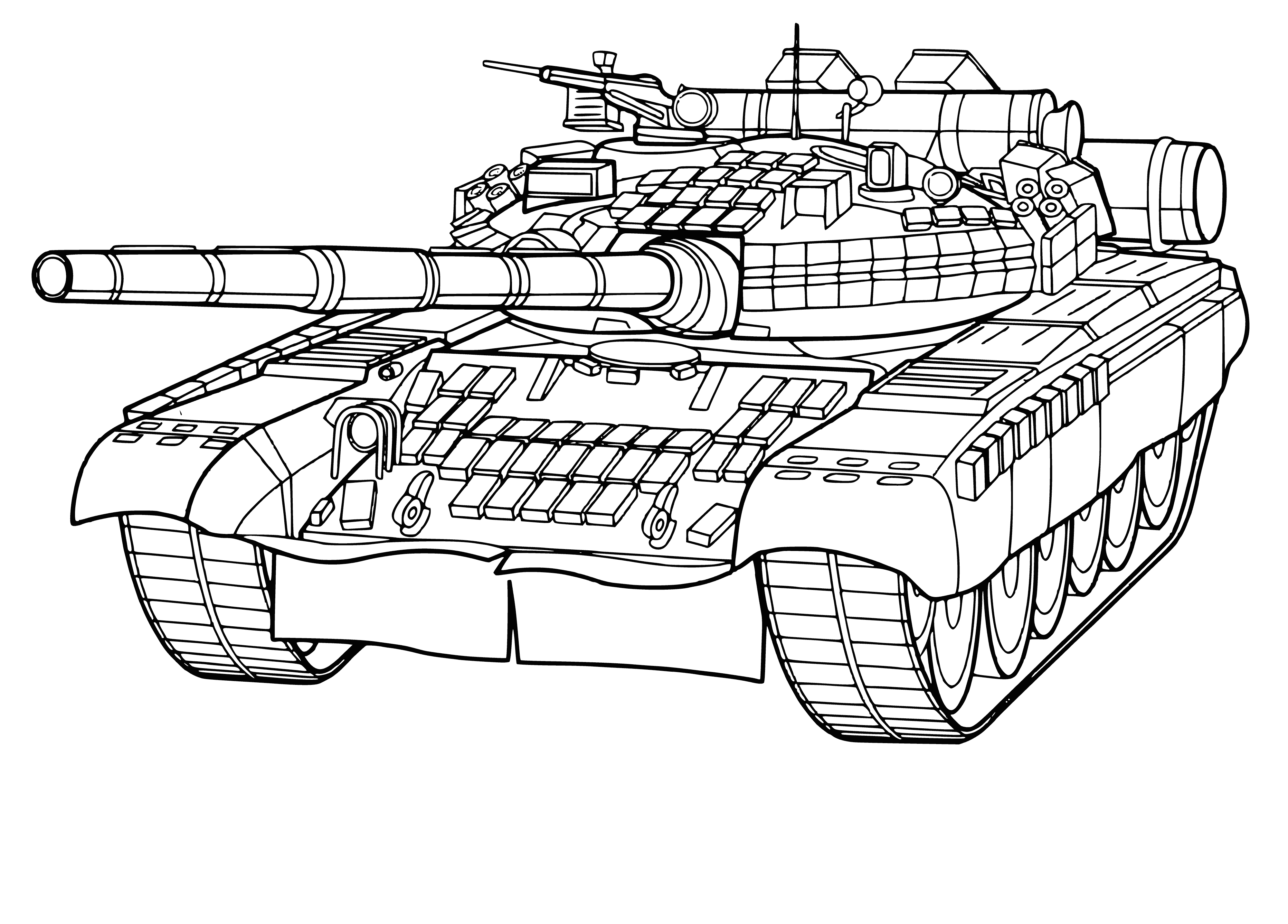 coloring page: Large tank on dirt road in rural area. Green w/ white accents, turret w/ gun barrel, several large wheels. #tanks #military #rural