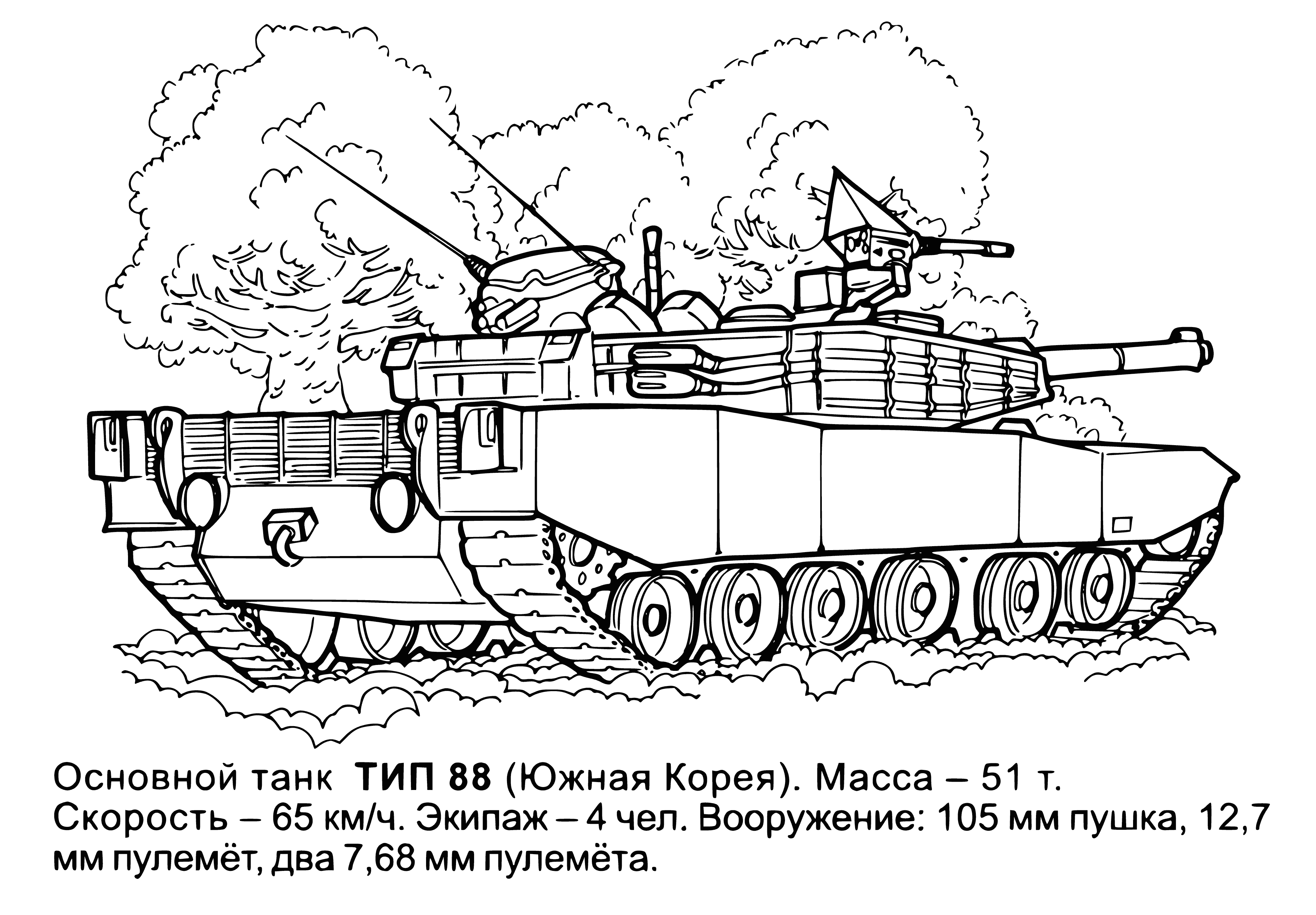 coloring page: 3 soldiers on a military tank in grassy field; they wear green camo & the tank is dark green w/ highlight.