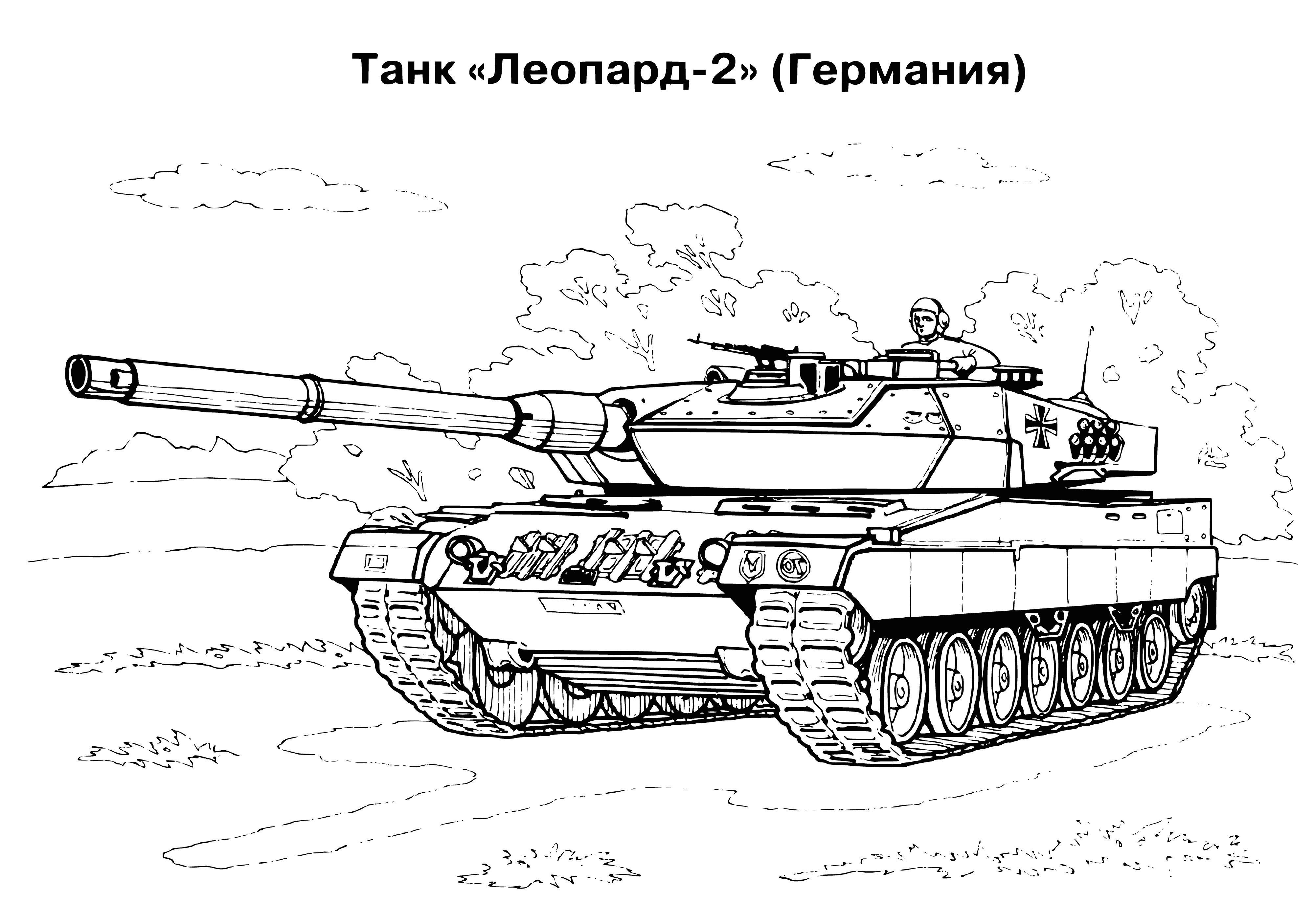 coloring page: Large gray tank w/turret & cannon, several small round hatches, treads on tracks moving forward.