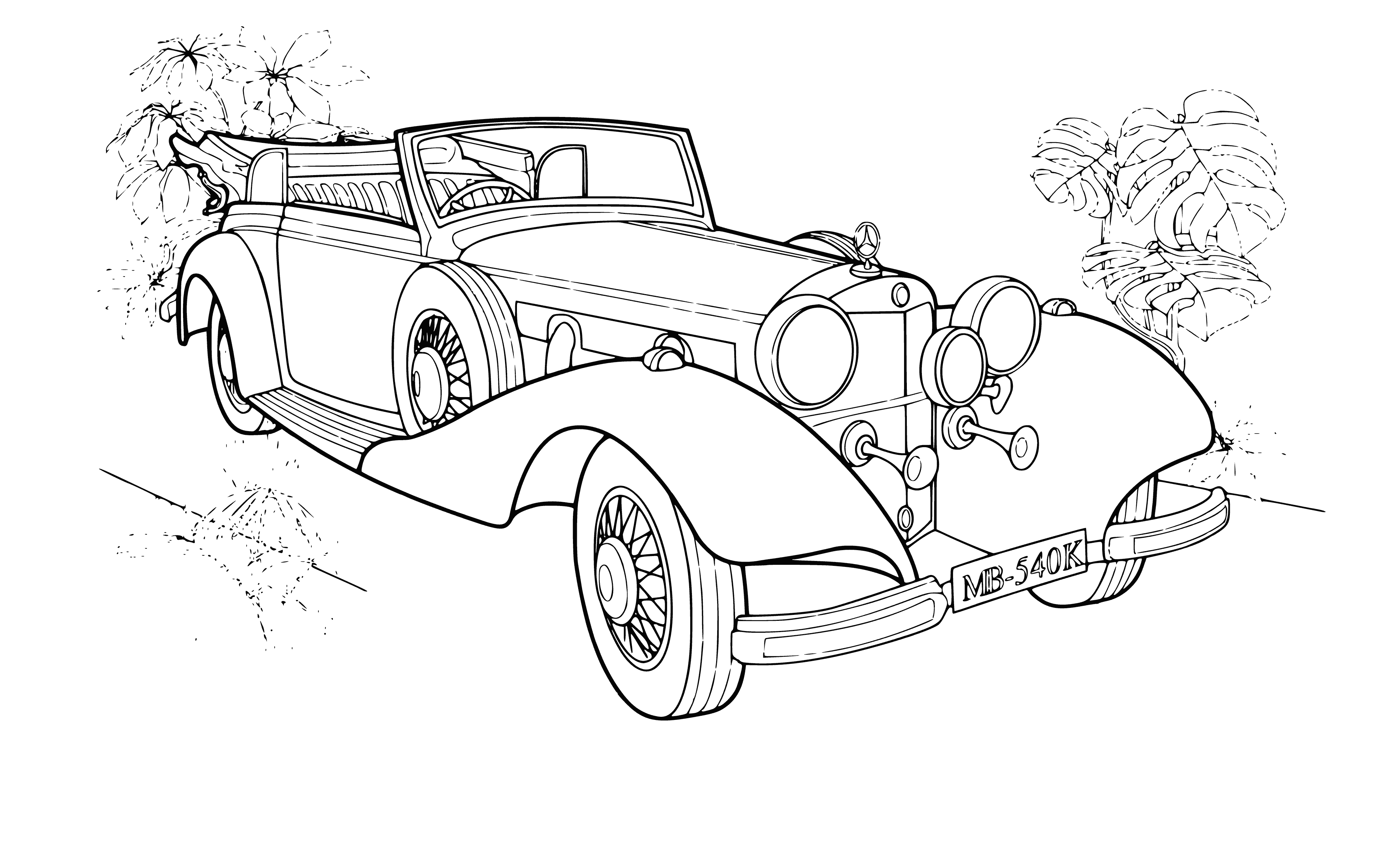 coloring page: Vintage Mercedes-Benz 540K with long hood, aerodynamic design and prominent chrome-plated grille. Alloy wheels with iconic logo.