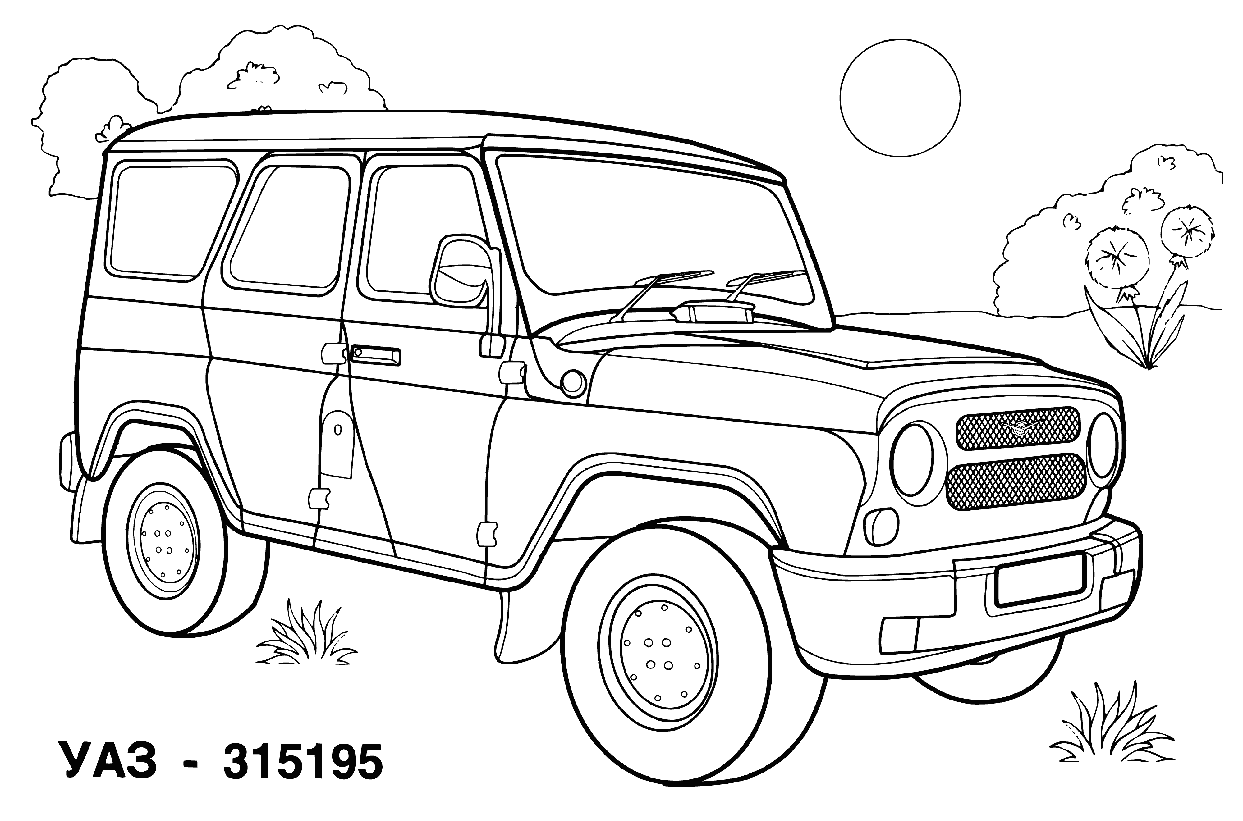 coloring page: Three green Jeeps of different sizes facing same direction in a coloring page. #colorlife #jeeps #uaz