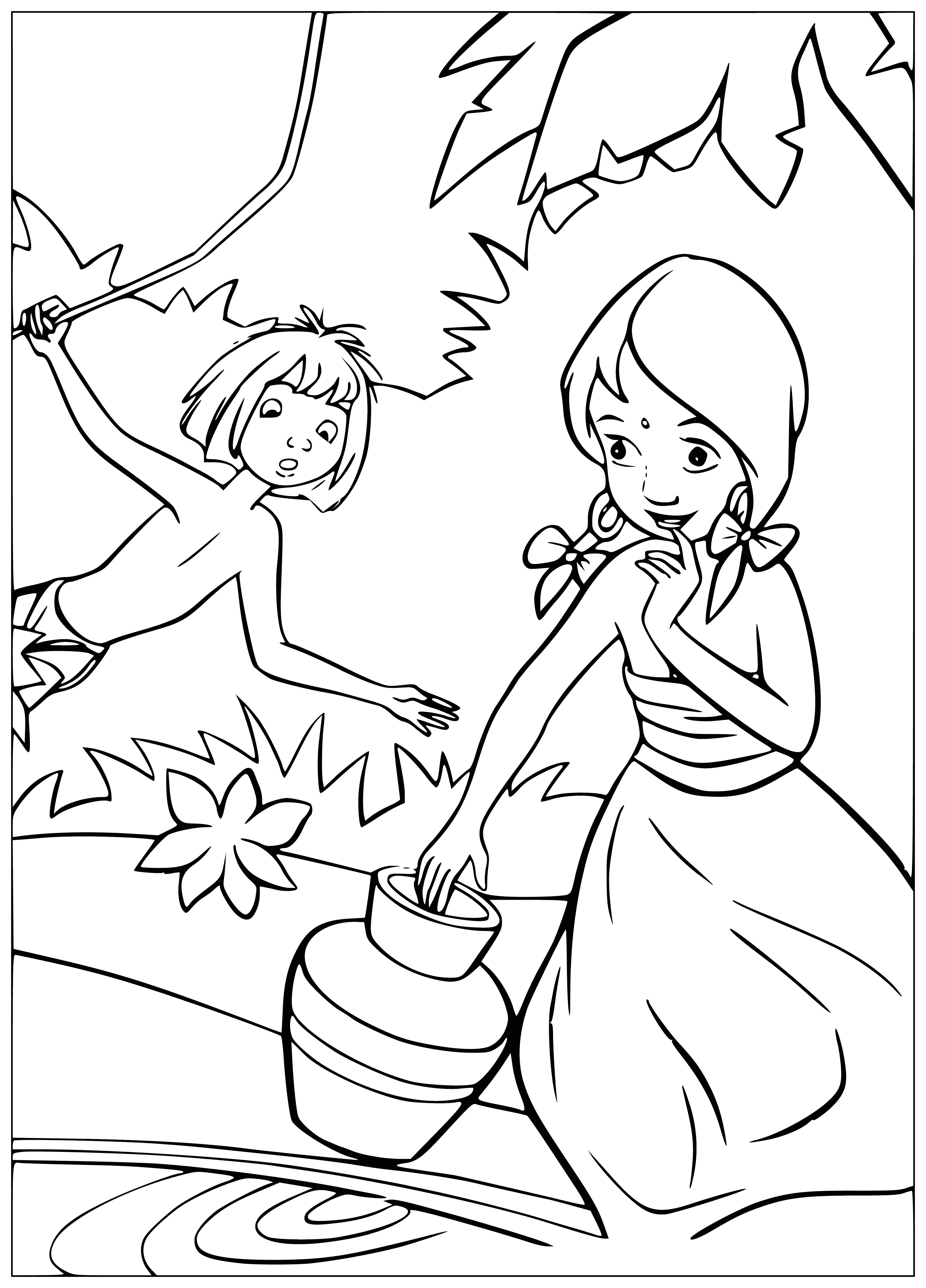 coloring page: Mowgli and a girl in a white dress meet in the jungle, her expression of surprise echoes Mowgli's knife.