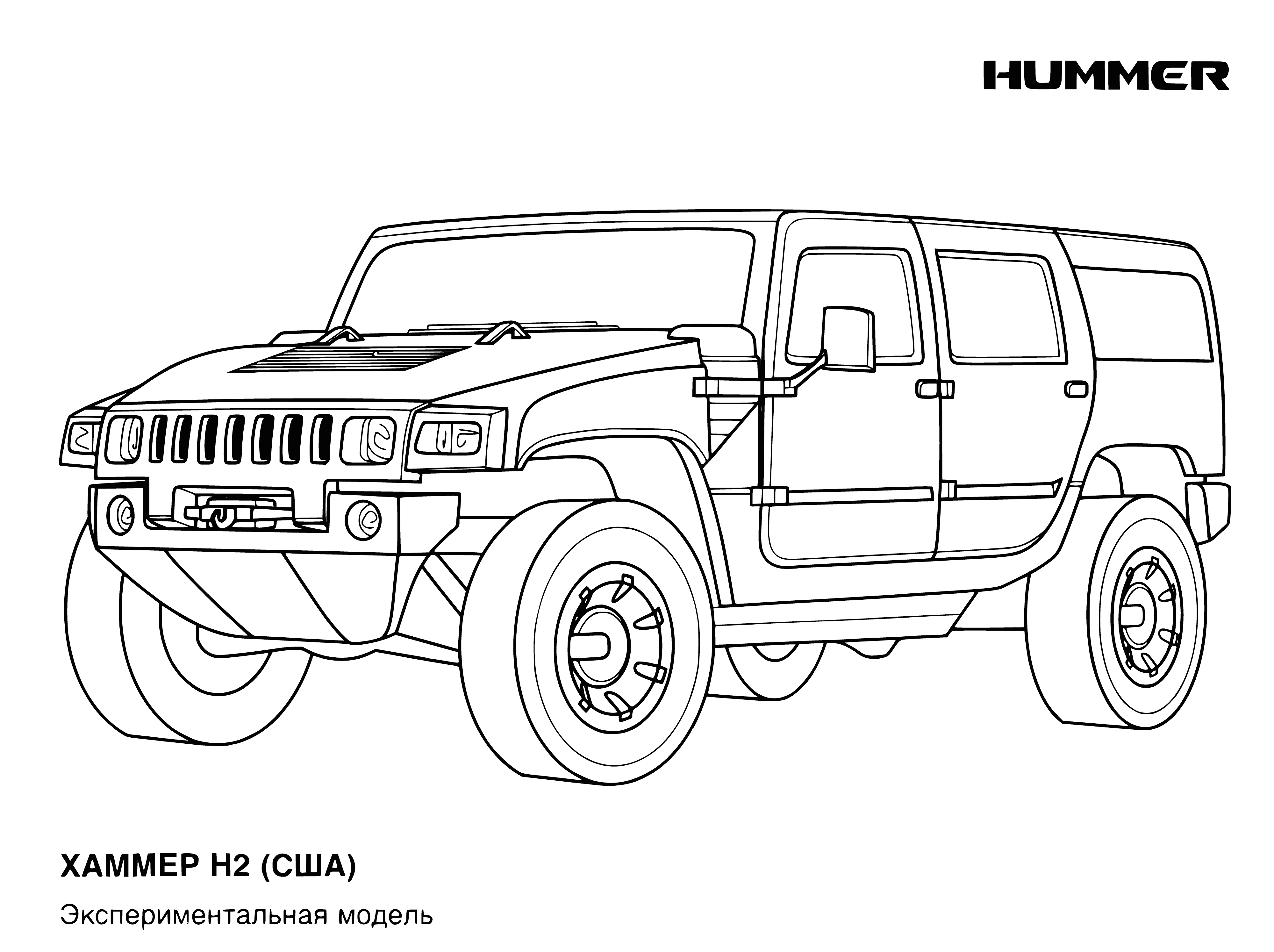 coloring page: Hammer USA offers two new cars: H3 sedan & H4 SUV in various colors with unique design elements & a variety of features. Safety is a priority.
