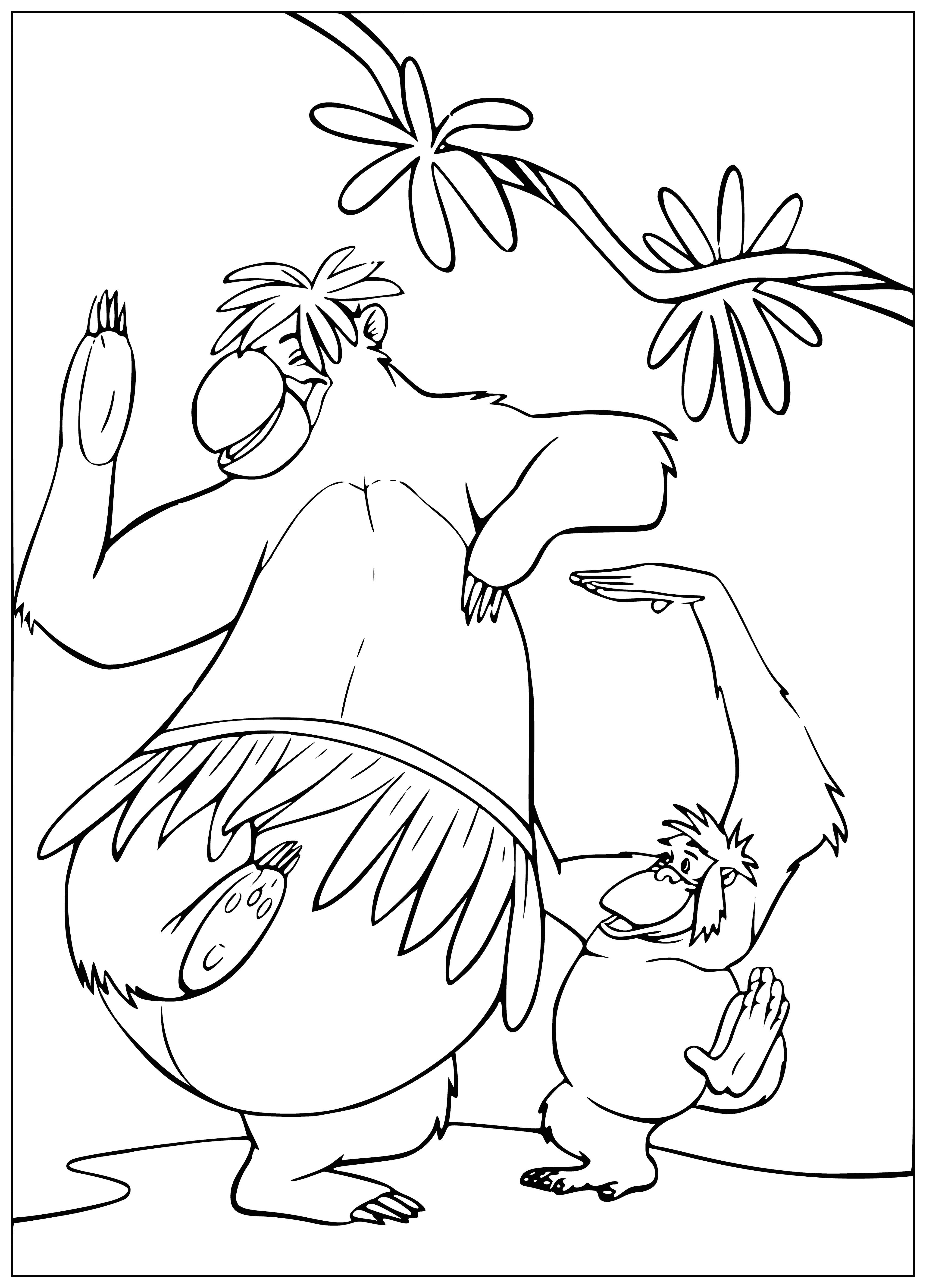 coloring page: Baloo dancing in the jungle, wearing a yellow & green shirt & a blue scarf. Arms & legs moving in time to the music.
