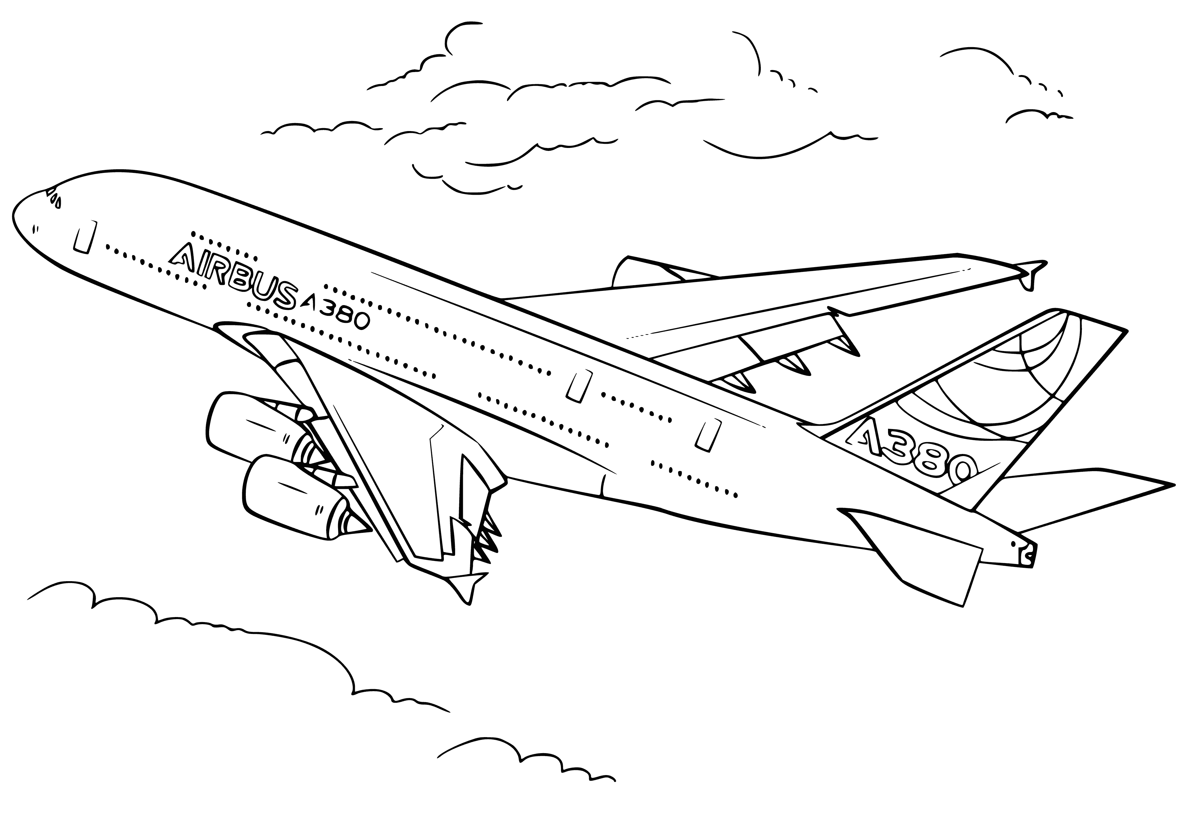 coloring page: 3 large airplanes, helicopter & rocket on coloring page. Largest is commercial airliner, Helicopter taking off, rocket on launchpad.