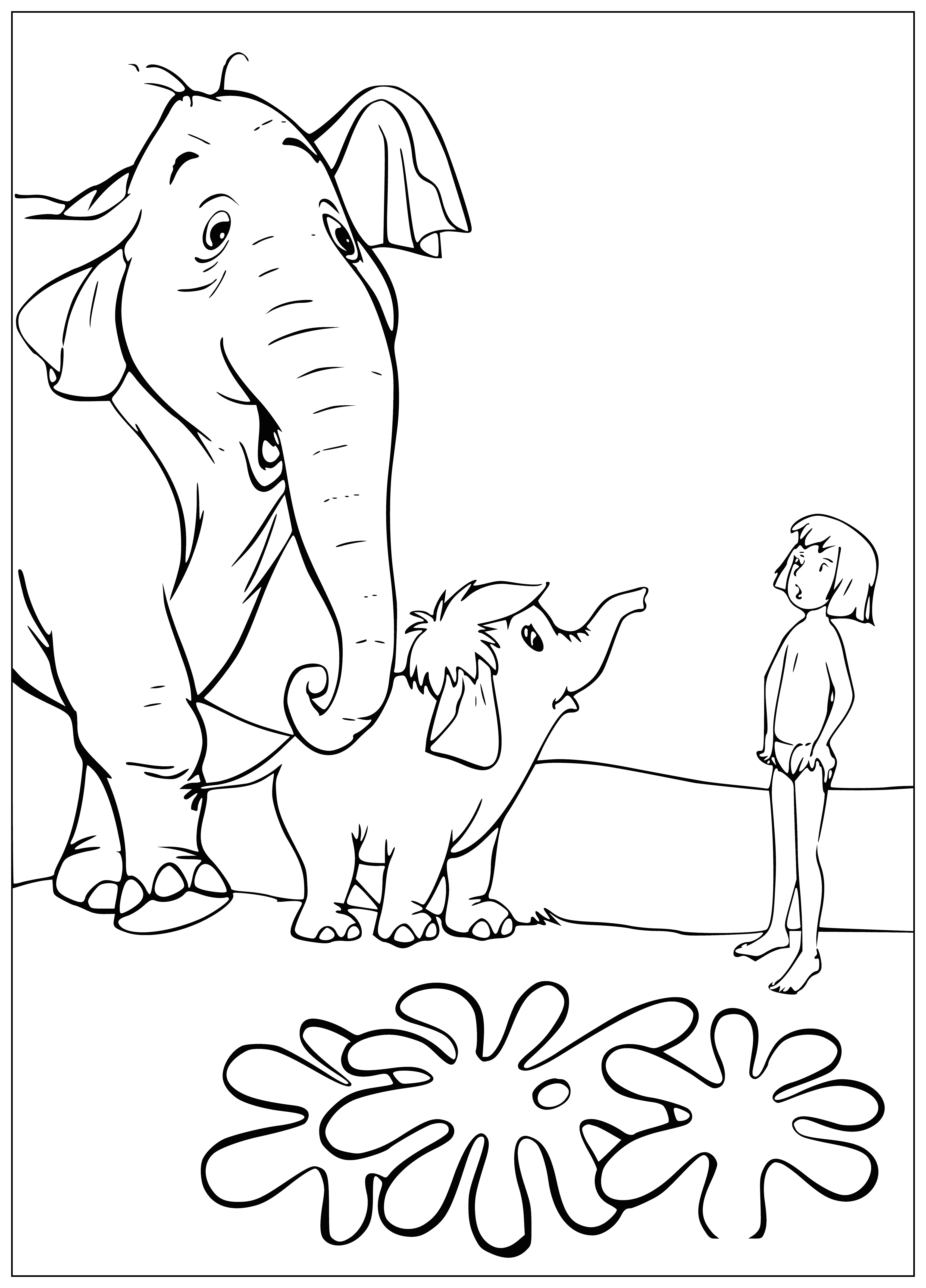 coloring page: Mowgli and baby elephant sit together, ele pink w/ white belly, Mowgli brown skin, black hair, loincloth, knife in right hand.