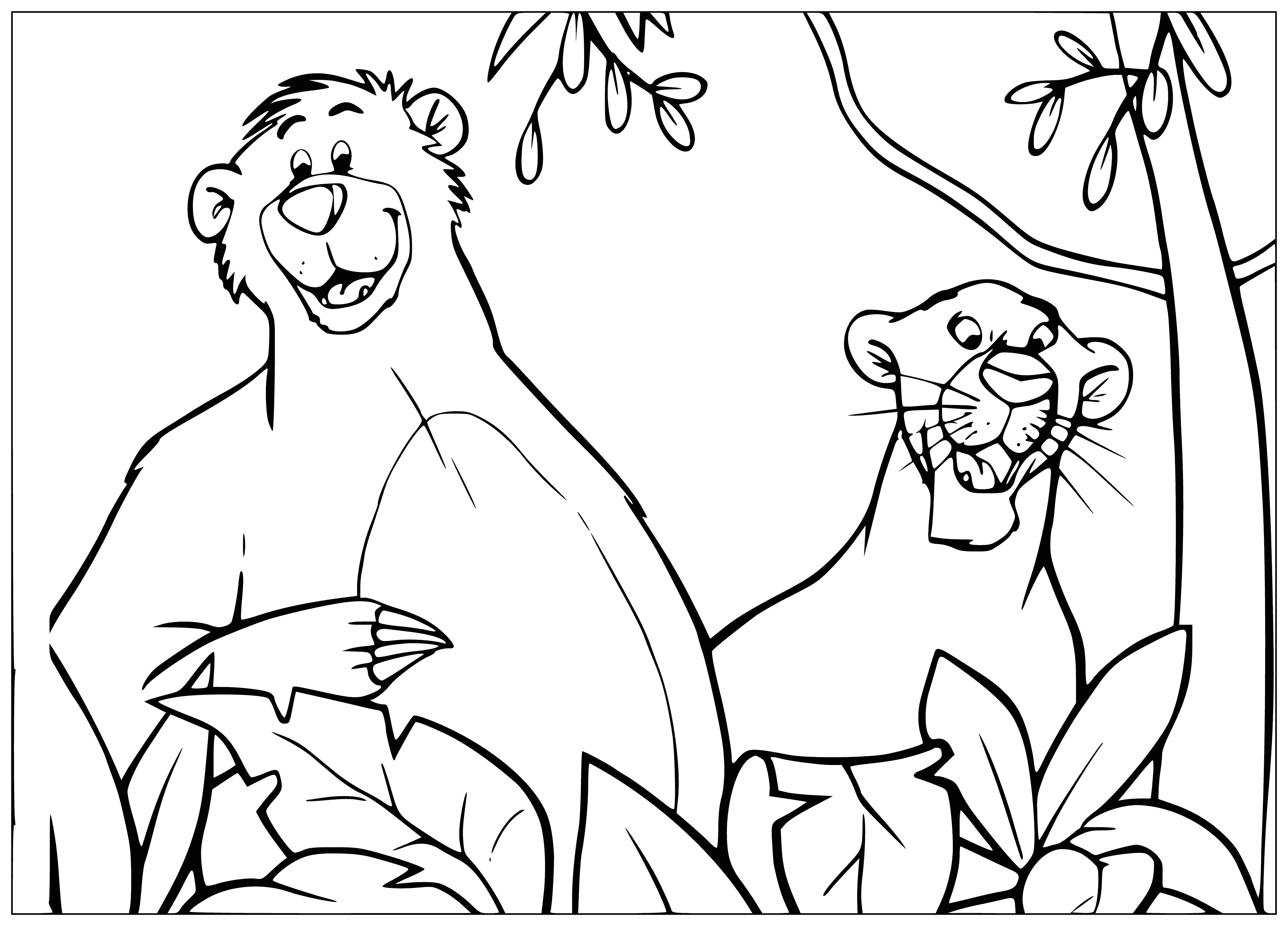 coloring page: A large tree, a striped snake, a big monkey, and a small tiger cub are on a coloring page looking up at tree. #coloring #art