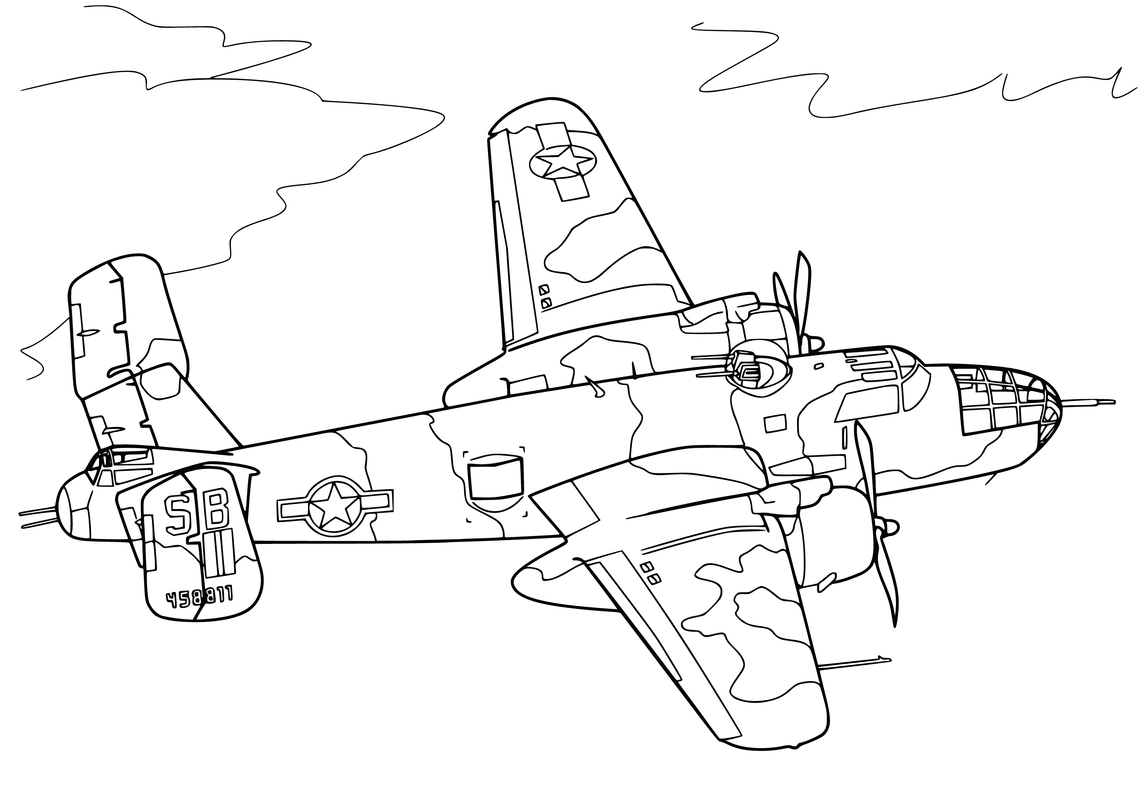 coloring page: Military aircraft used to cause destruction during battle, armed with guns and missiles and flown by experienced pilots. #MilitaryAviation