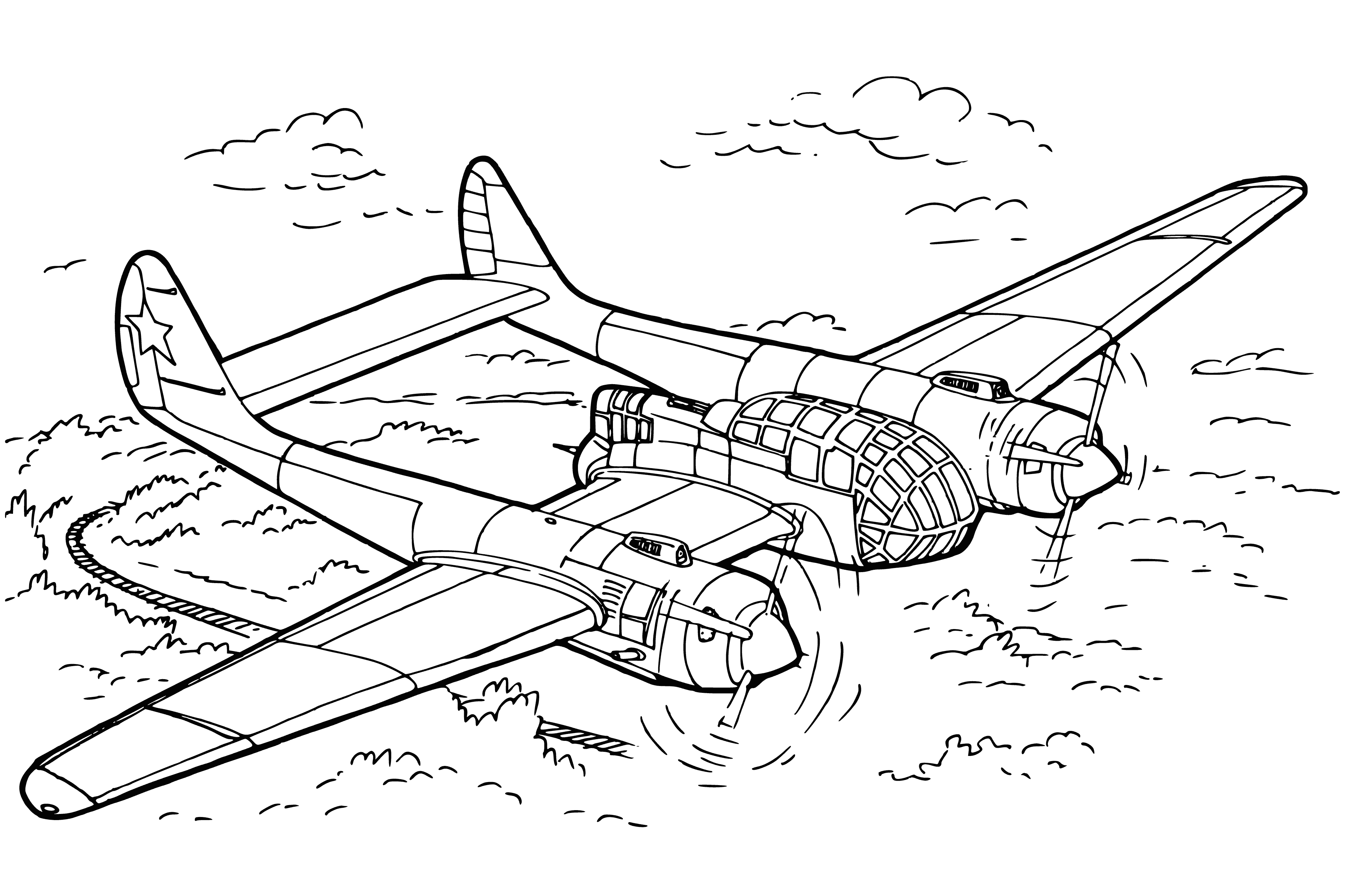 coloring page: Russian Su-12 twin-engine scout plane designed for military use w/ crew of 2, armed w/ 4 machine guns.