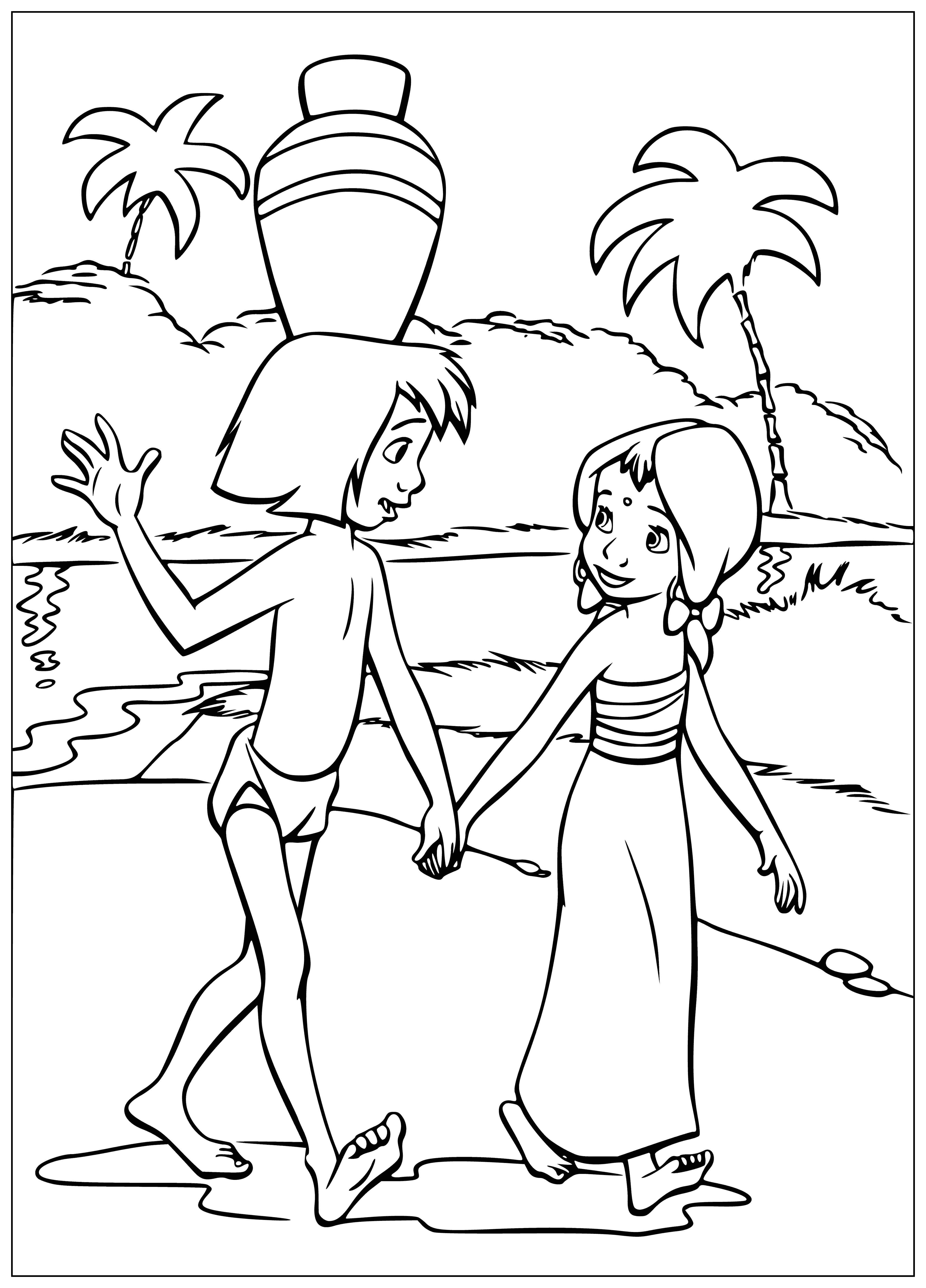 coloring page: Mowgli and girlfriend wear casual shirts/jeans, barefoot in front of a bright background.