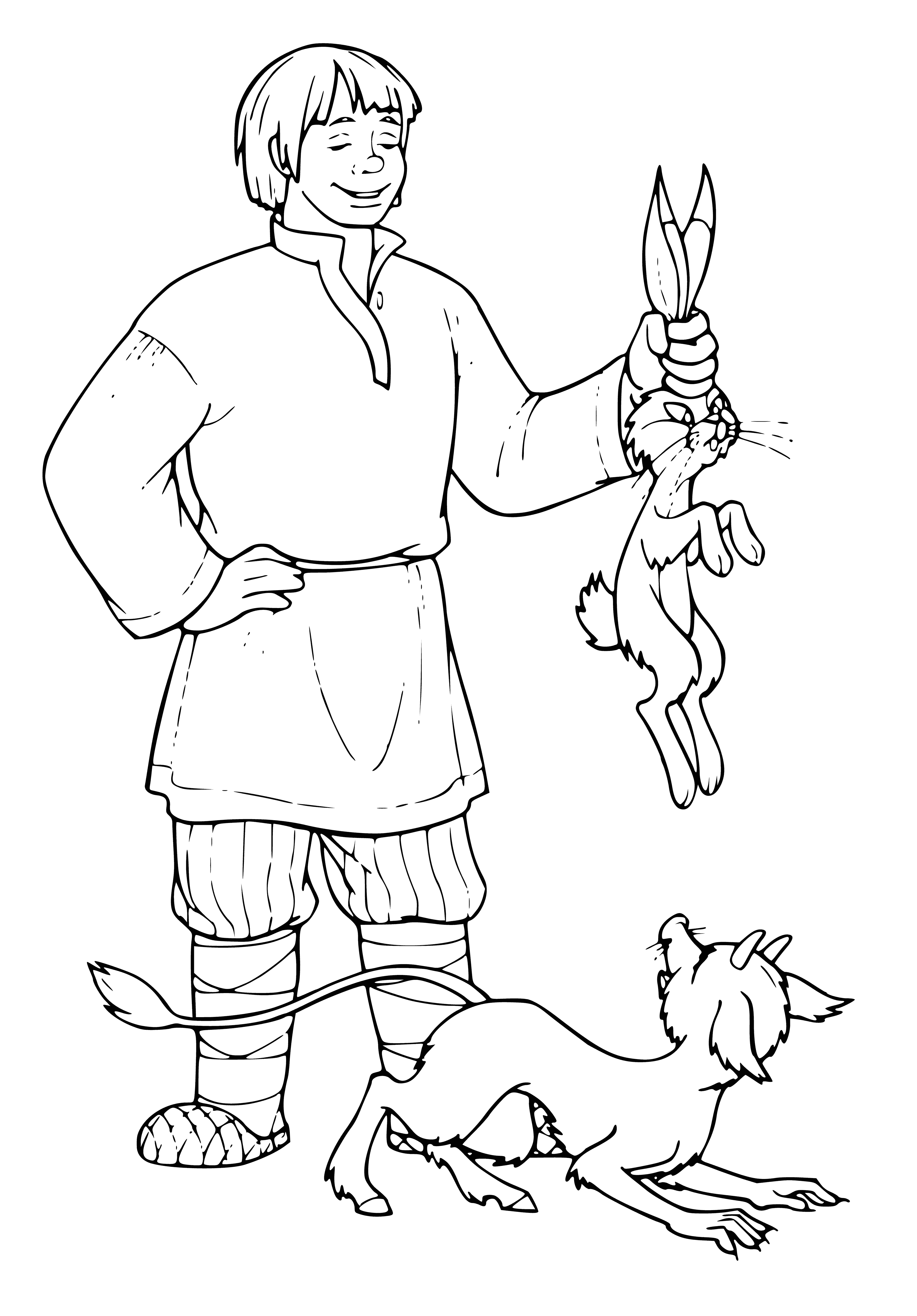 coloring page: Young man with sword stands on bridge in front of castle, looking at small imp holding bag.