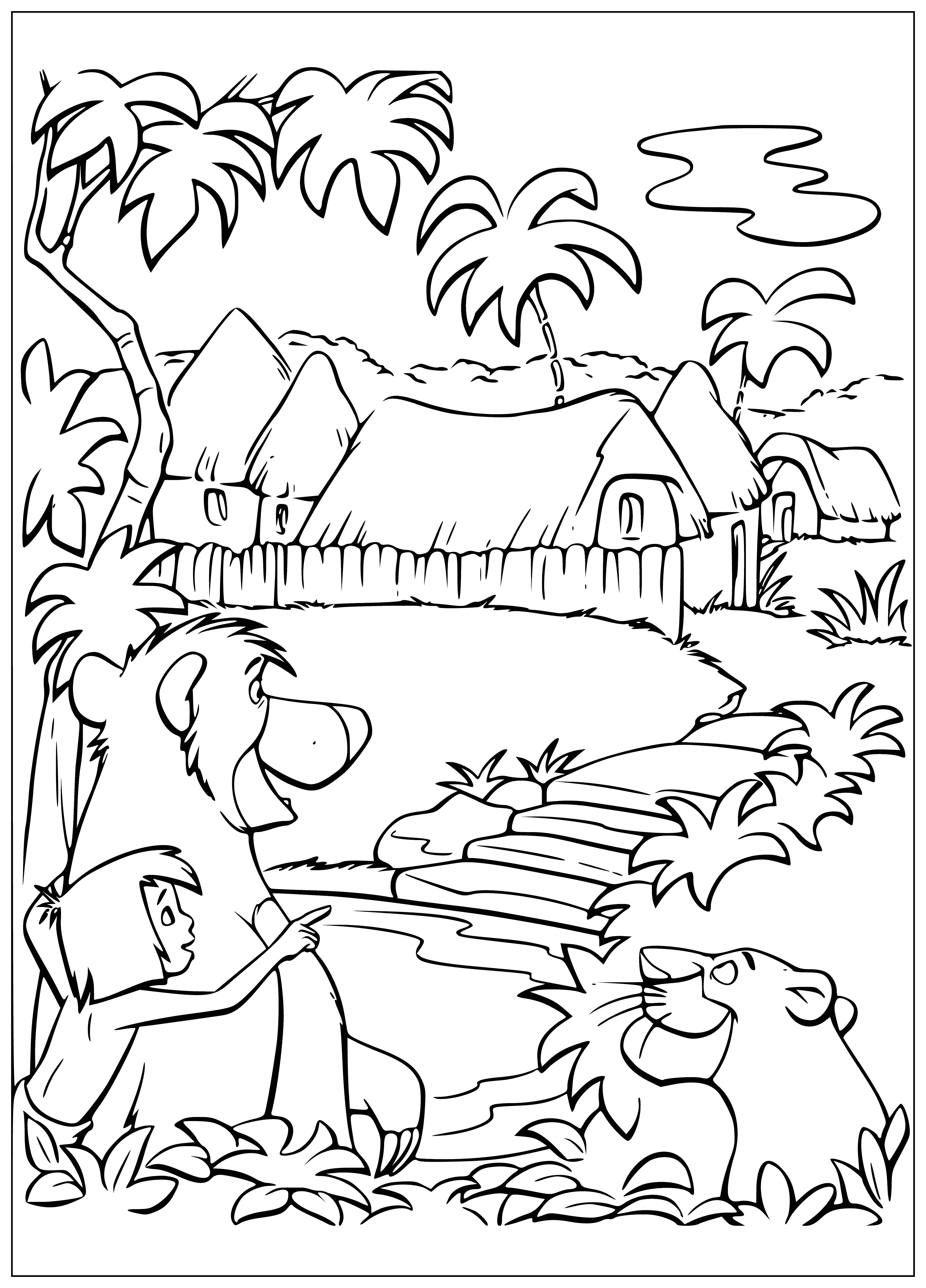 coloring page: Village has huts made of sticks/leaves, fire in center, people around it cooking & children playing on ground.