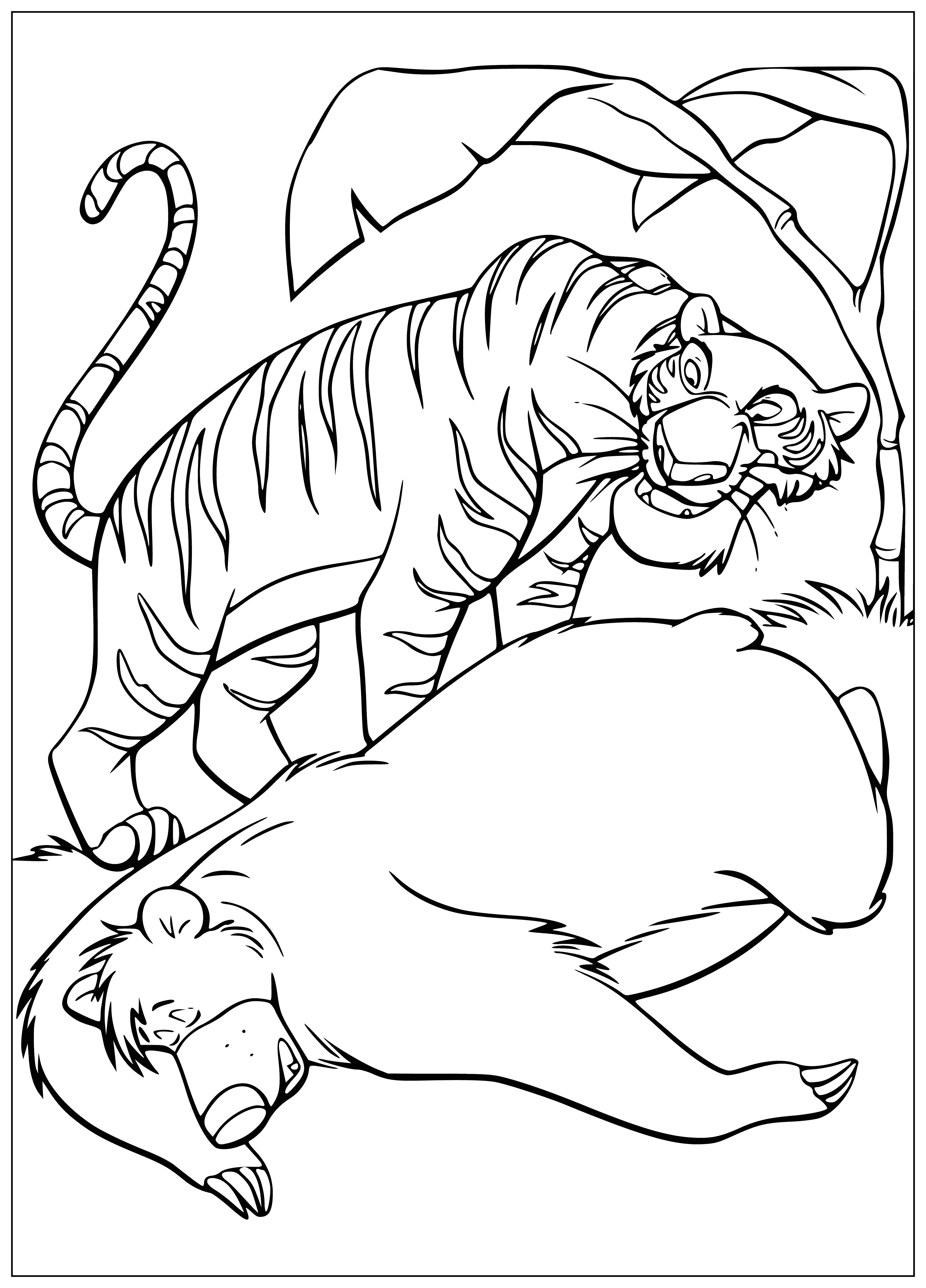 coloring page: Shere Khan is menacing; Baloo is friendly. He's smiling and waving.