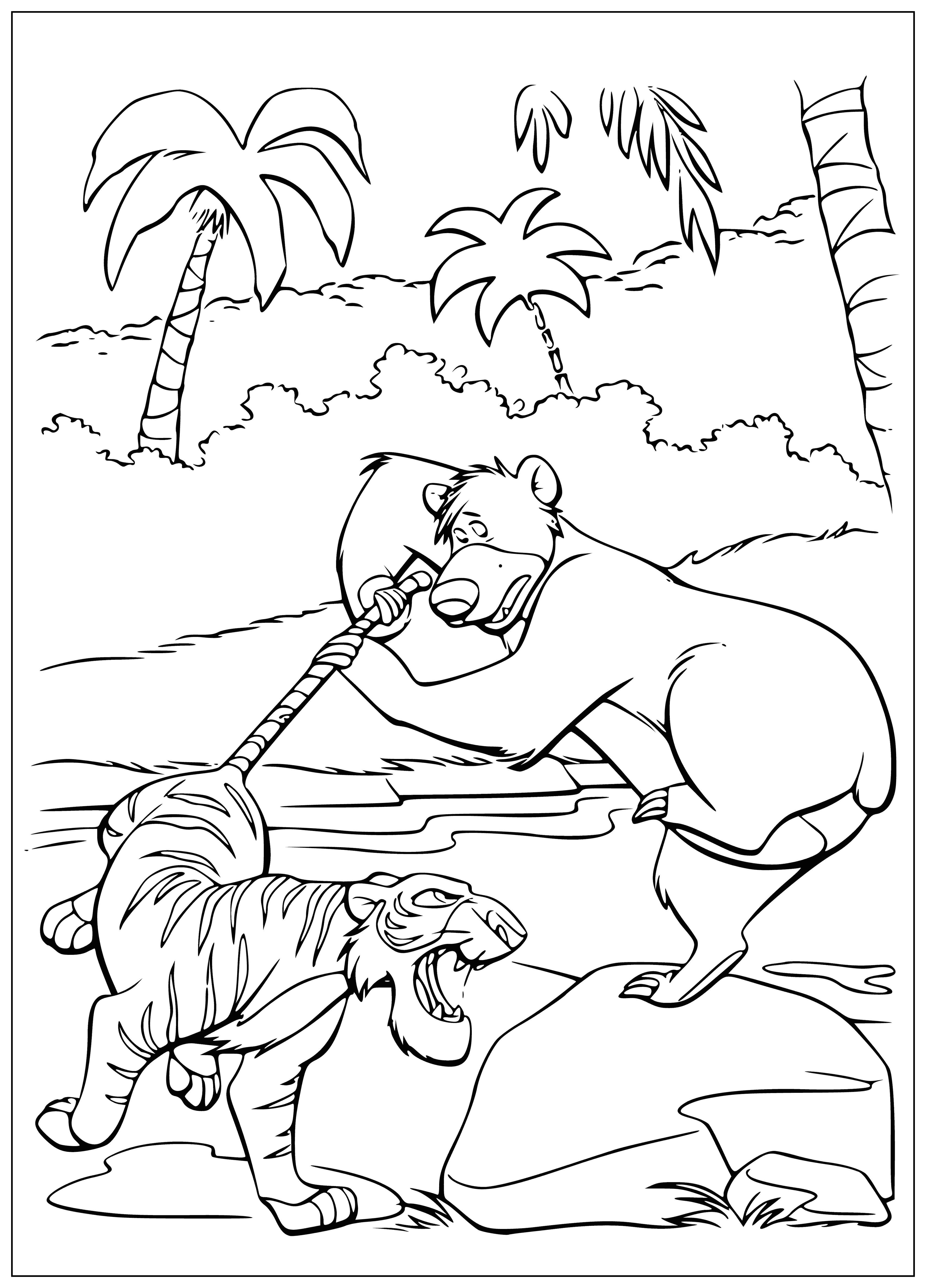 coloring page: A yellow-orange bird sits on a brown branch in a jungle under dark skies; its open beak and black stripes make it stand out.