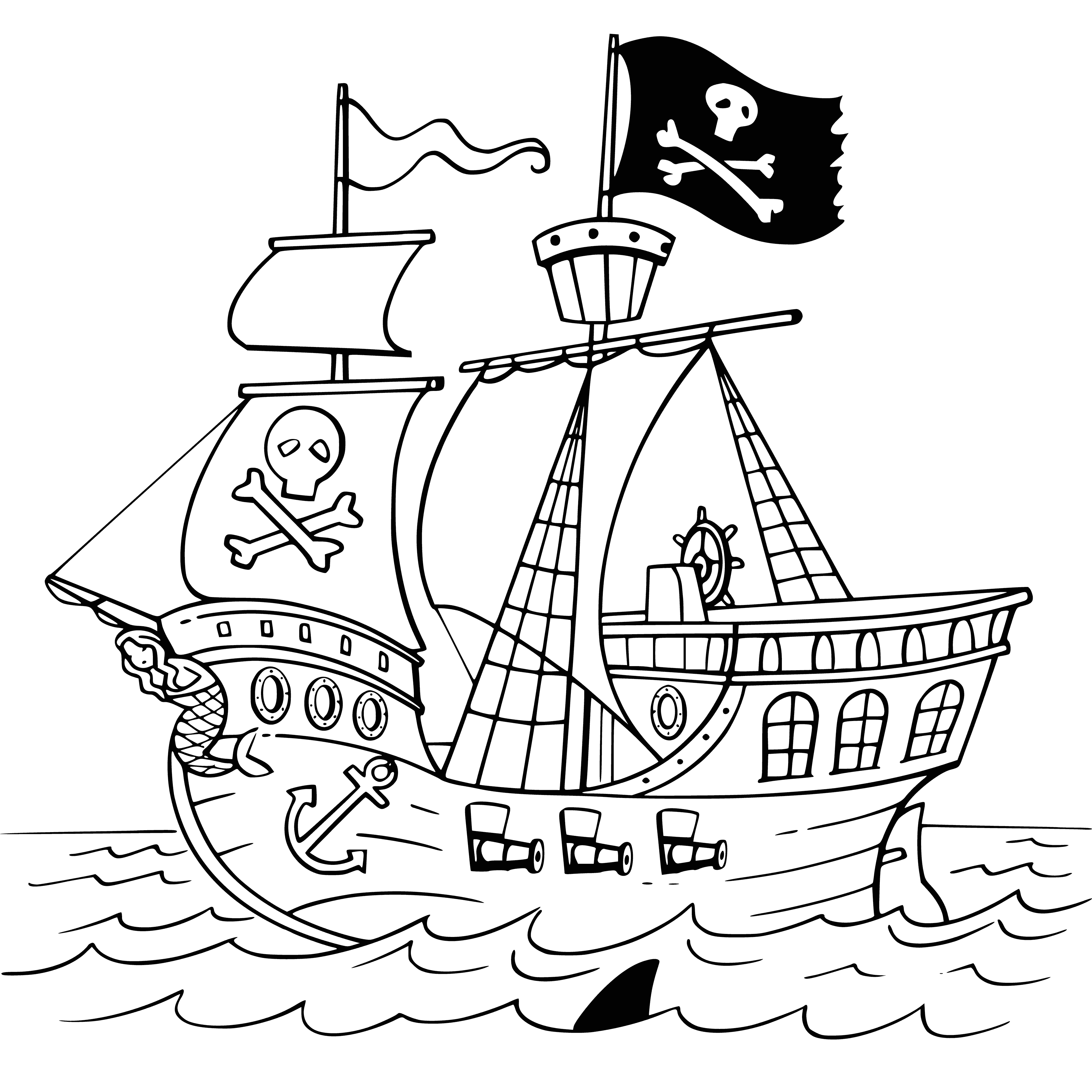 coloring page: Large boat w/ 3 sails, many levels, & figurehead in shape of dragon. Many people on deck walking, standing, & climbing ropes. Barrels, crates & mast w/ crow's nest on top.