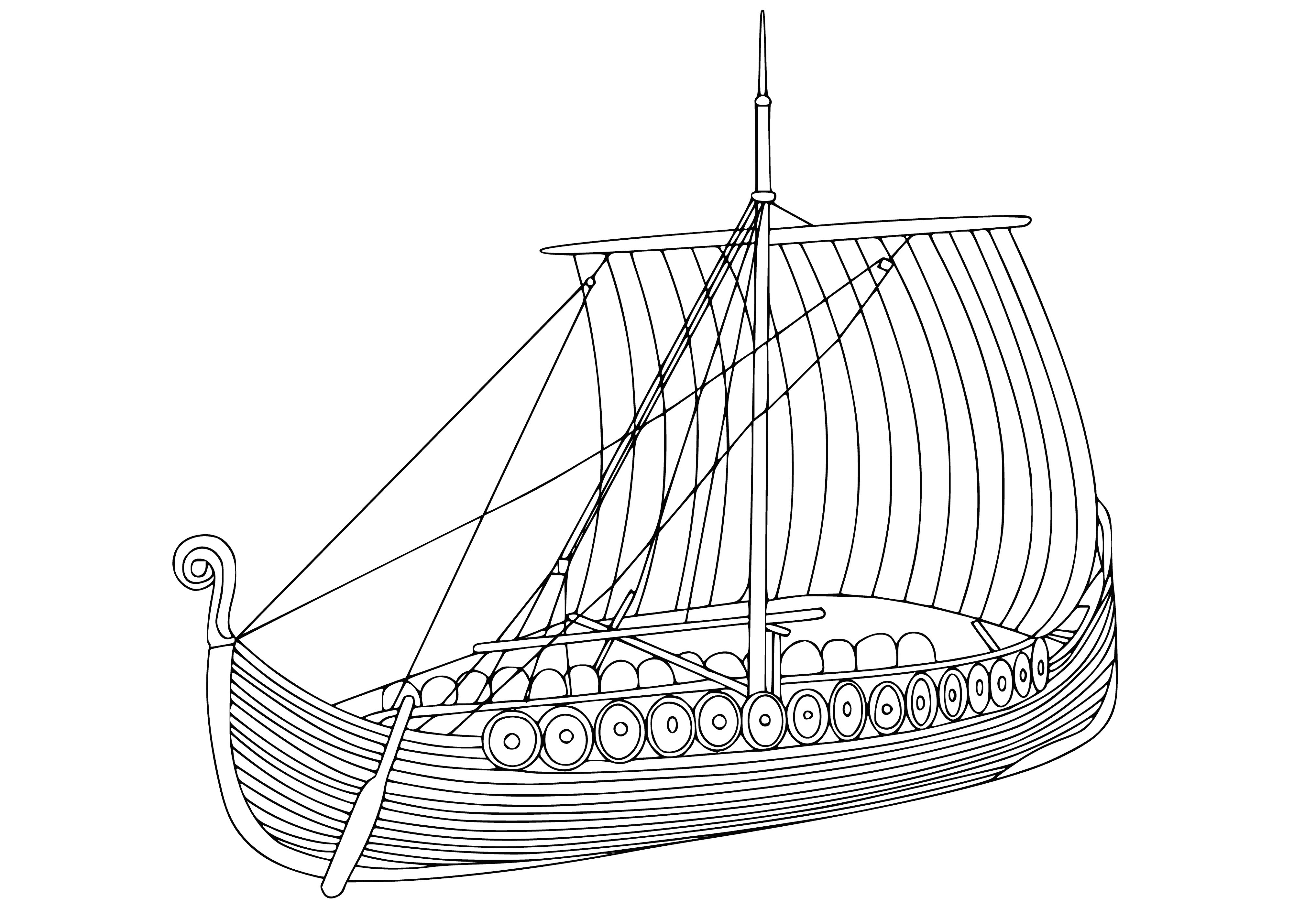 coloring page: Vikings used drakkar – long, slender ships with a large, square sail, adorned with a dragon's head and a carved figurehead. Powered by oars, the clinker-built hull had benches for the rowers.