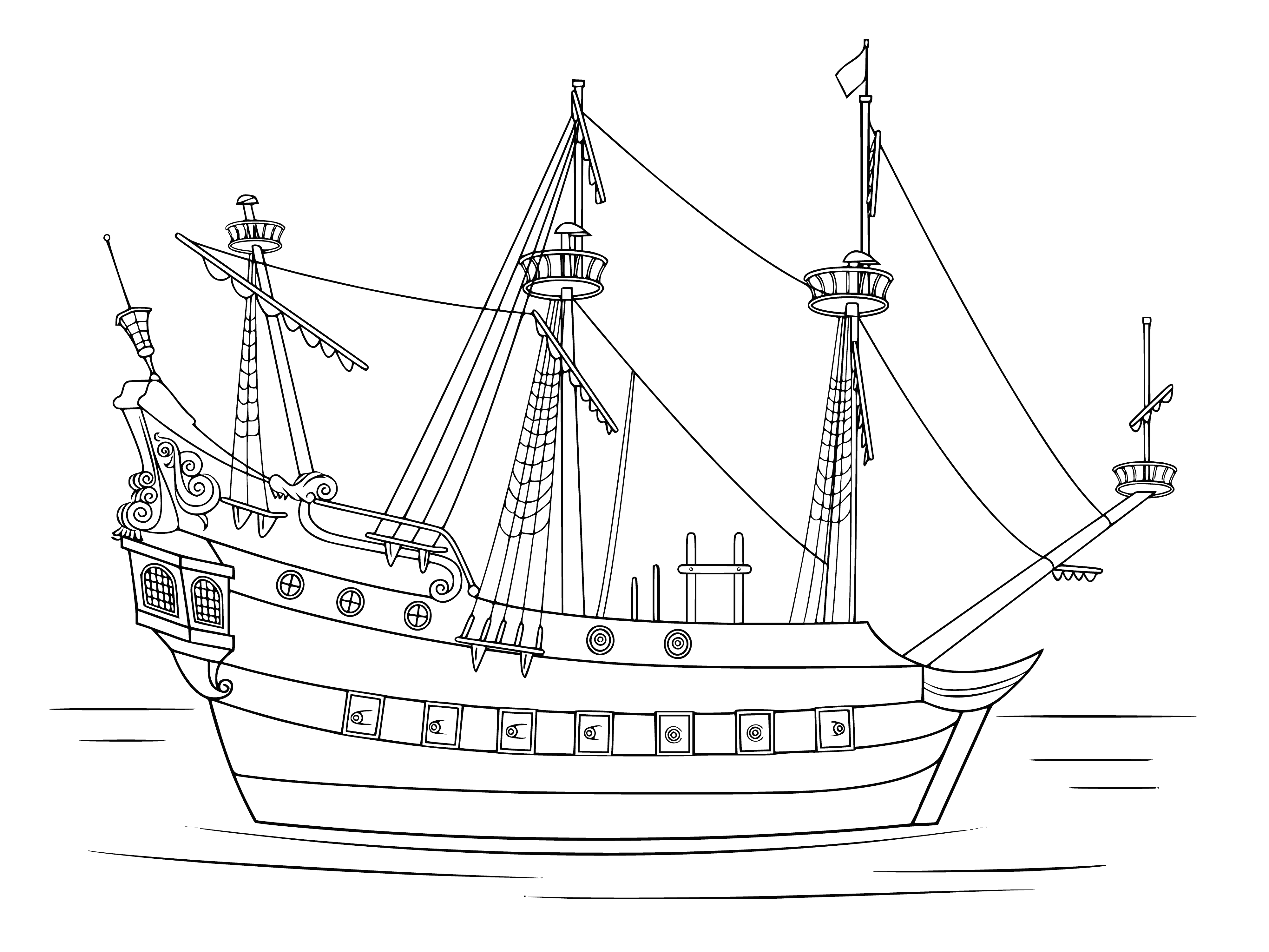 coloring page: A beautiful old sailboat is docked in a calm harbor. It has two masts and white-painted hull with sails and a cabin.