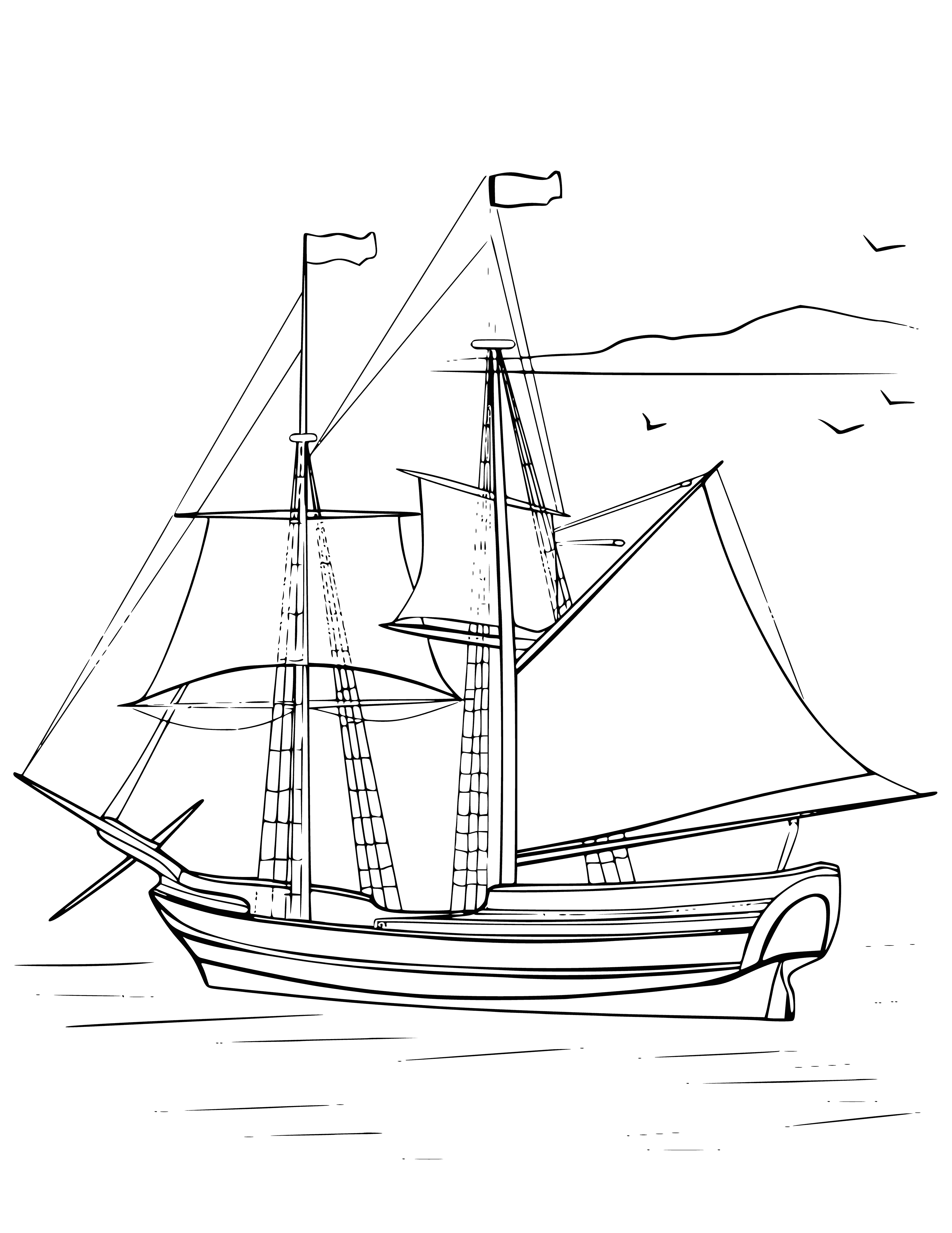 coloring page: A Brig is a 2-masted sailing vessel with square-rigged sails; smaller than ships w/ only 2 masts.