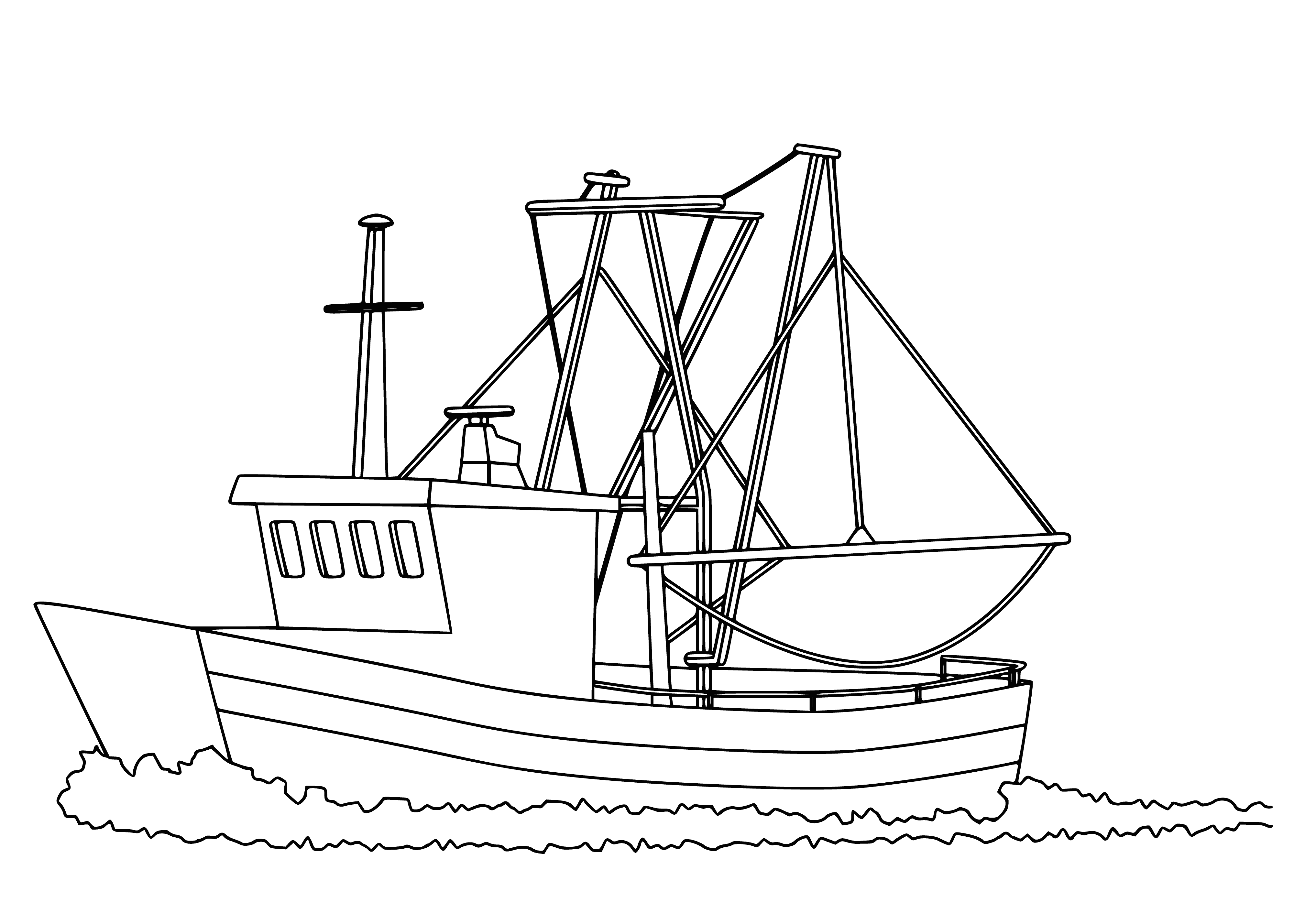 coloring page: Man in a fishing boat in a river, surrounded by trees. He's got a rod and a hat. The river is flowing. #Nature
