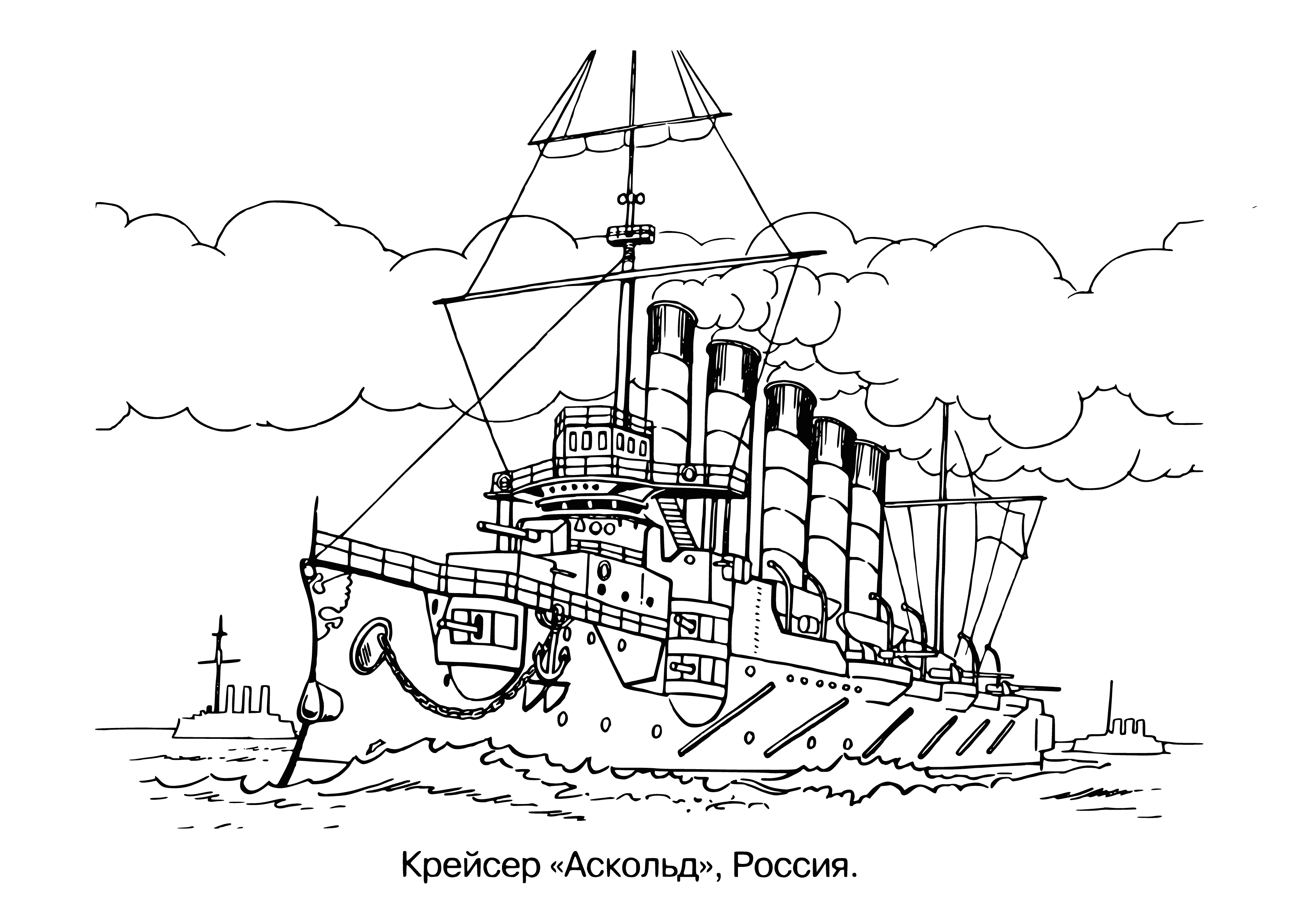coloring page: Large ship w/ many levels, windows, decks & stairs. Pointed front, flat back & people on the decks, windows. Surrounded by water. #travel