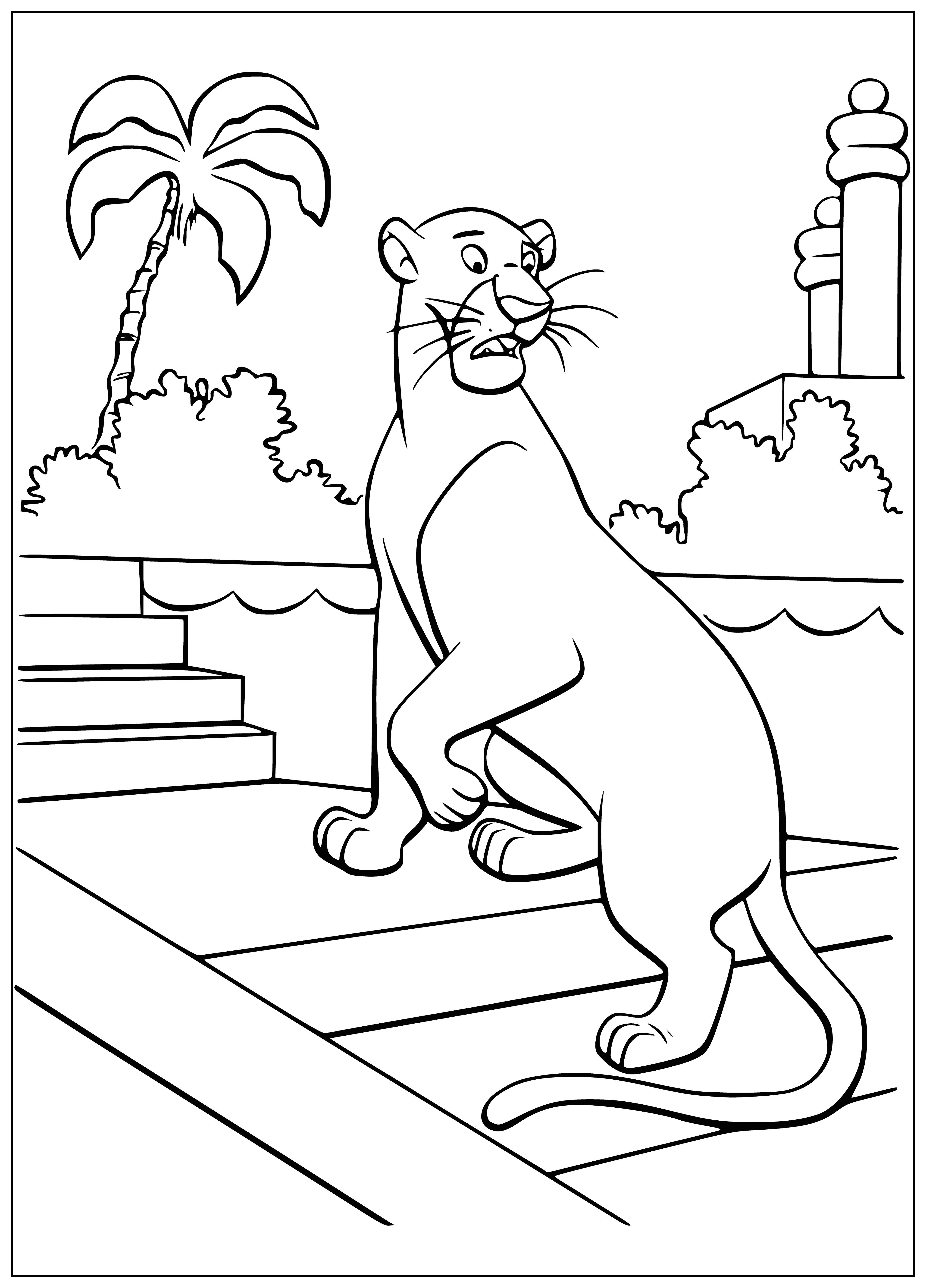 coloring page: A sleek panther stalks through the jungle, eyes fixed, rippling muscles ready to pounce.