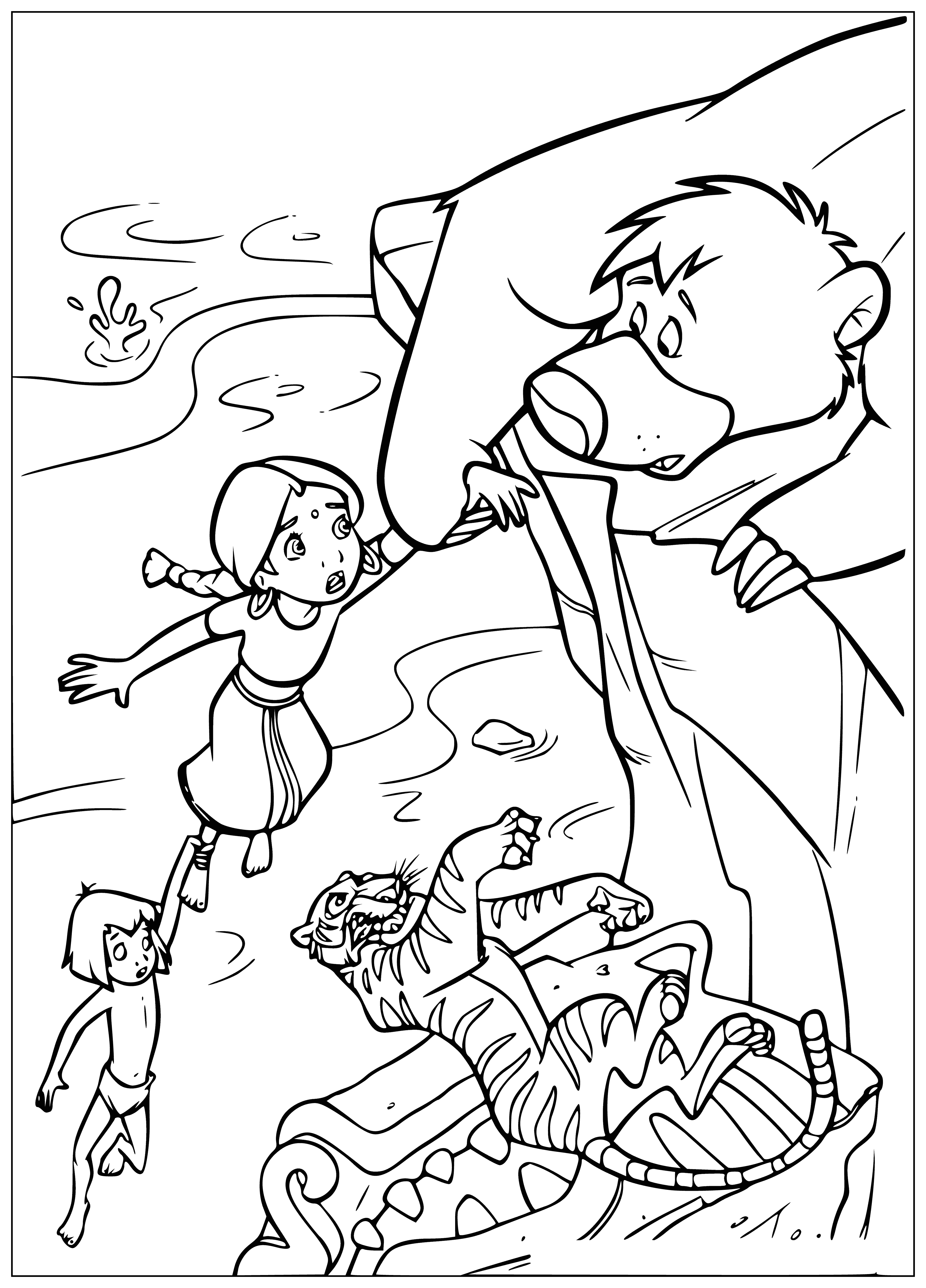 coloring page: Boy climbs tree w/ monkey on his back, swinging from branch is a child's swing. Beside him lies large tiger on its paws. #tigerswing